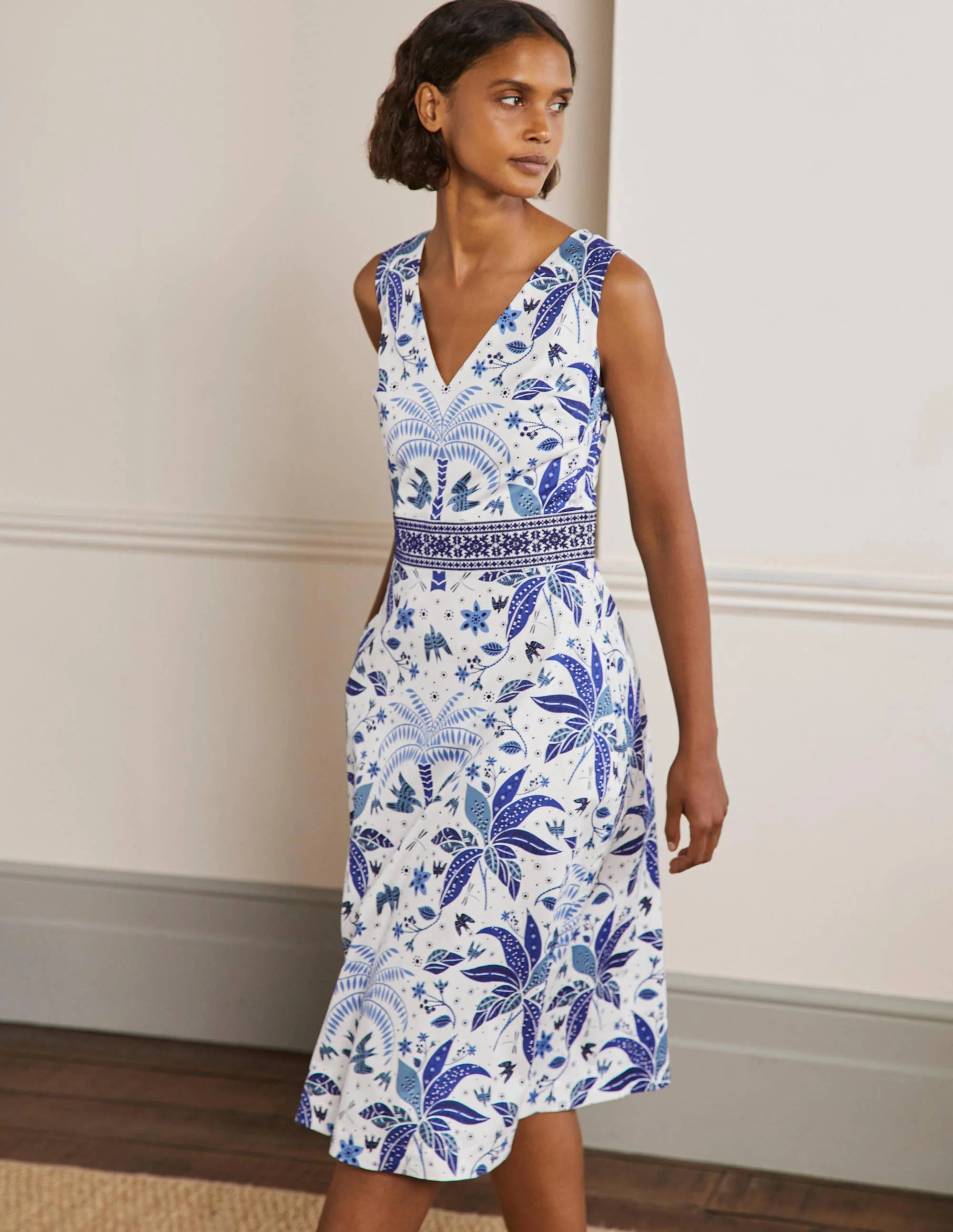 Midikleid mit bestickter Taille-Meeresblau, Orientalisches Palmenmuster