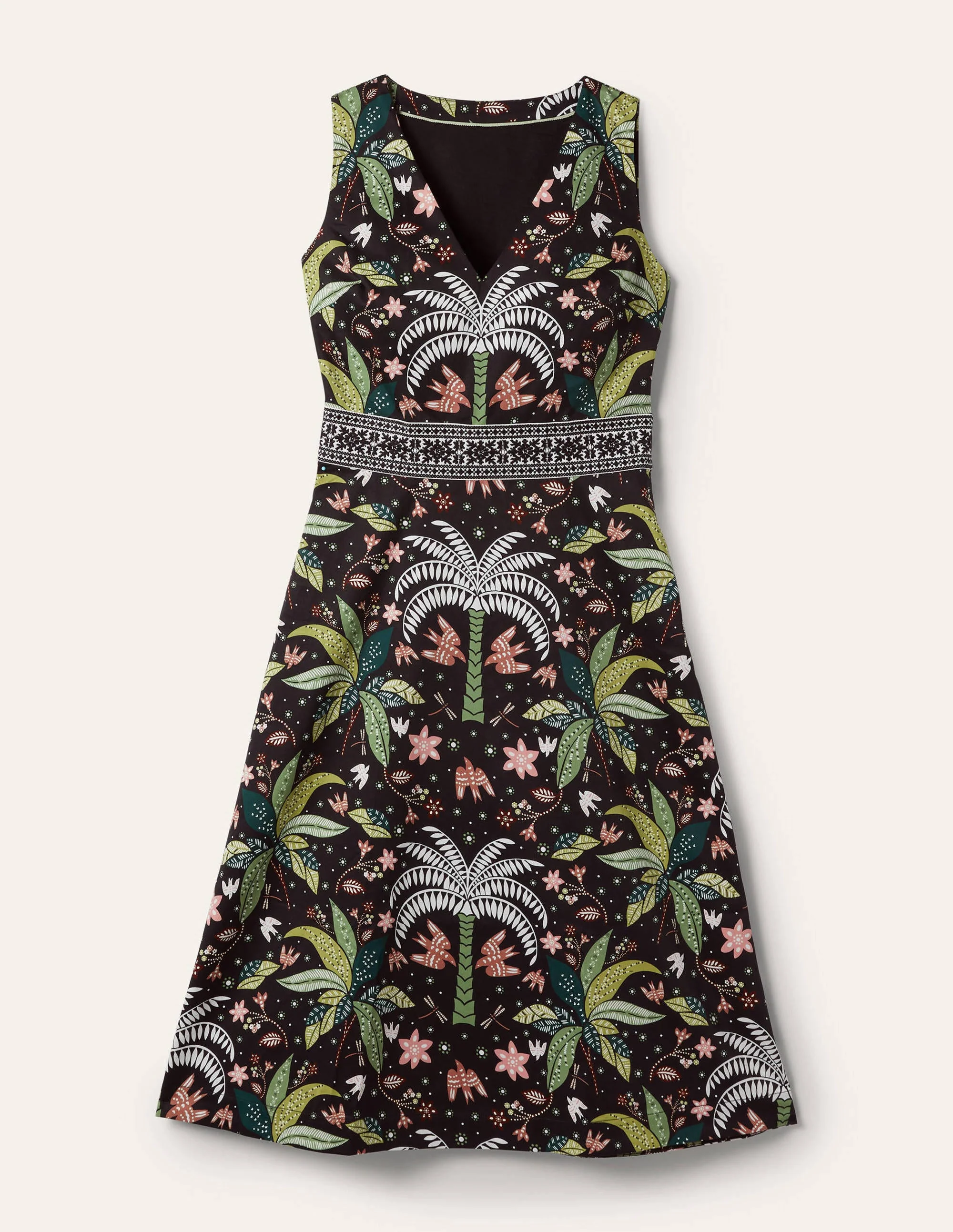 Midikleid mit bestickter Taille-Schwarz, Orientalisches Palmenmuster - Image 6