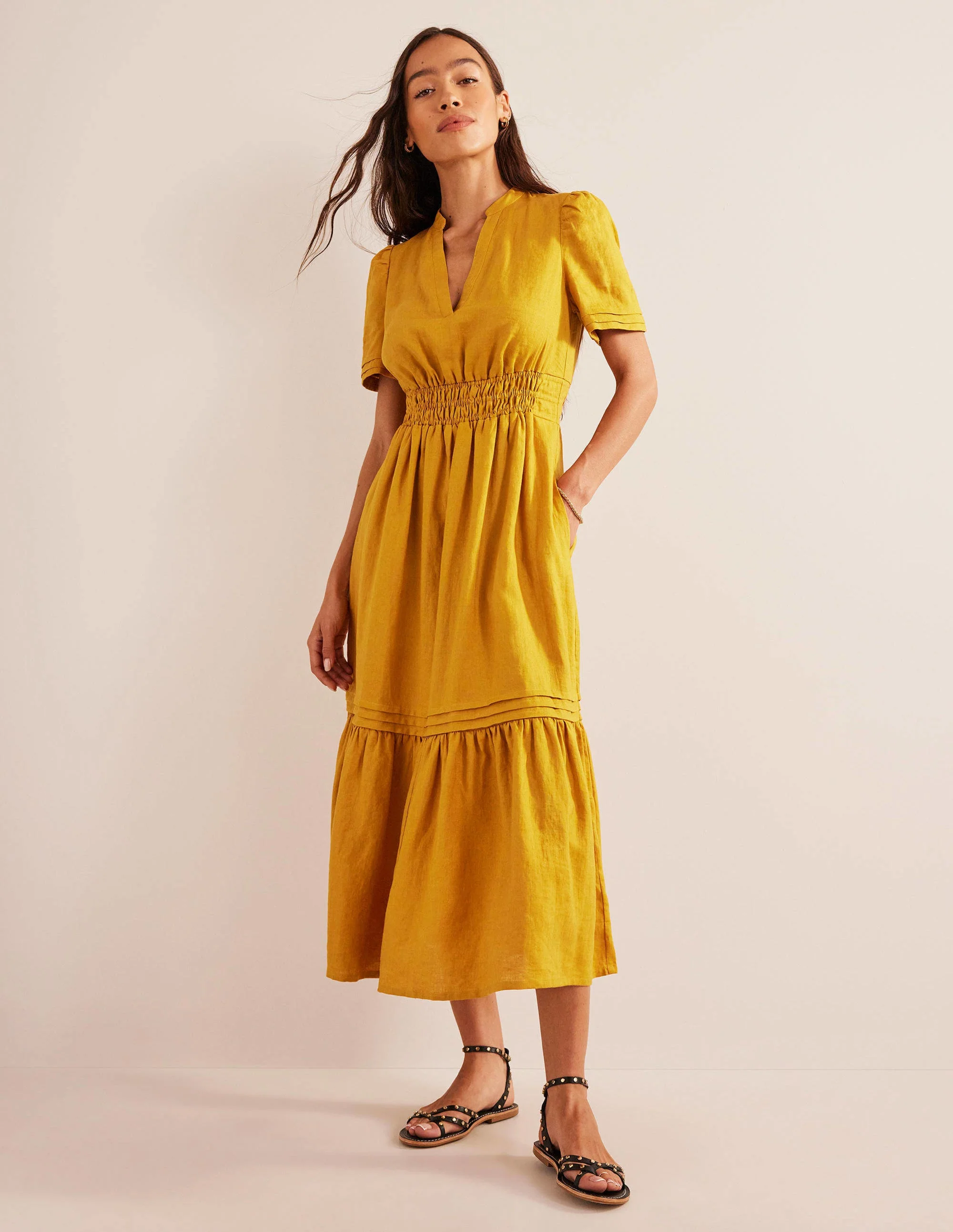 Midikleid mit Biesenfalten-Ockergelb