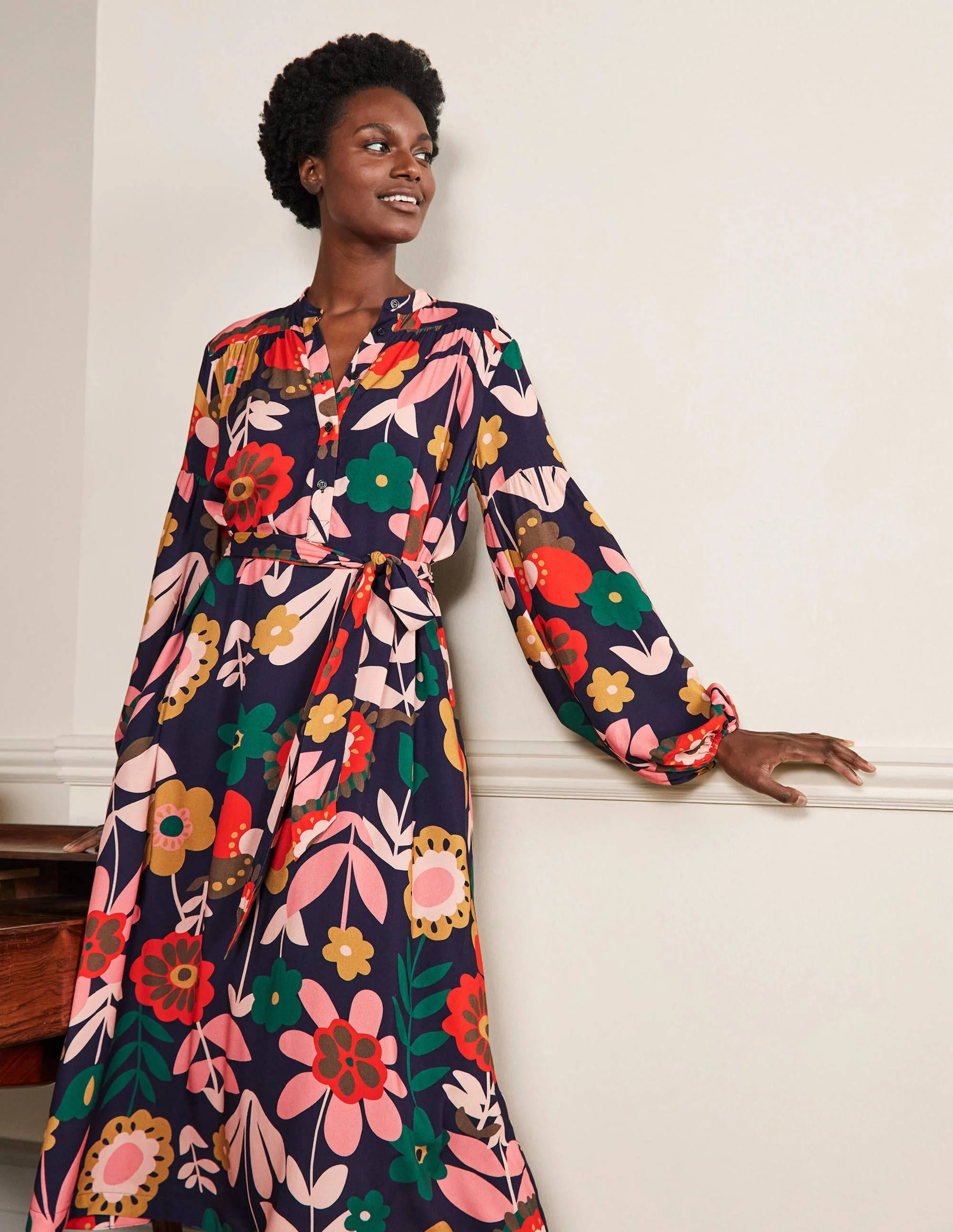Midikleid mit Blousonärmeln-Französisches Navy, Blüten