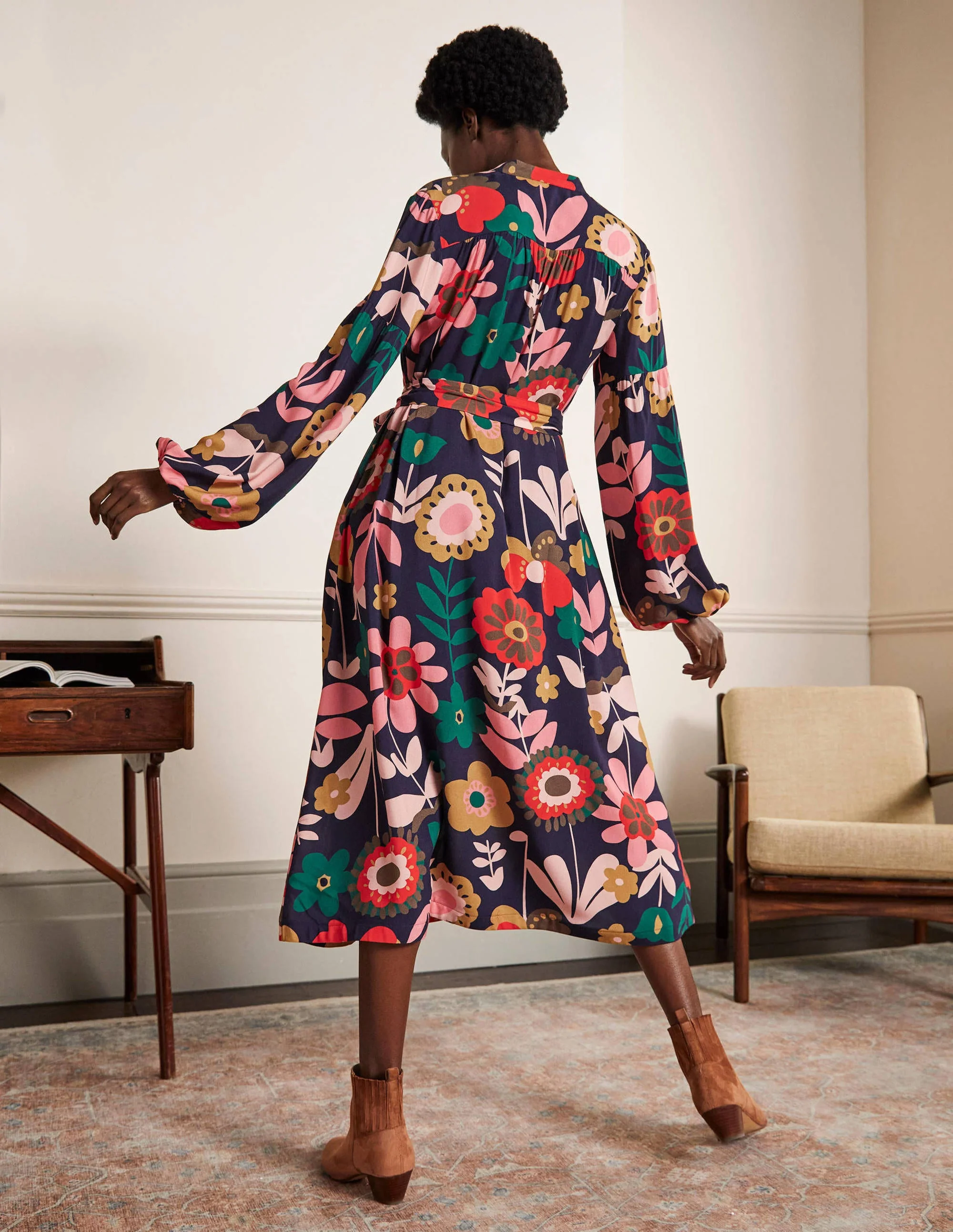 Midikleid mit Blousonärmeln-Französisches Navy, Blüten - Image 3