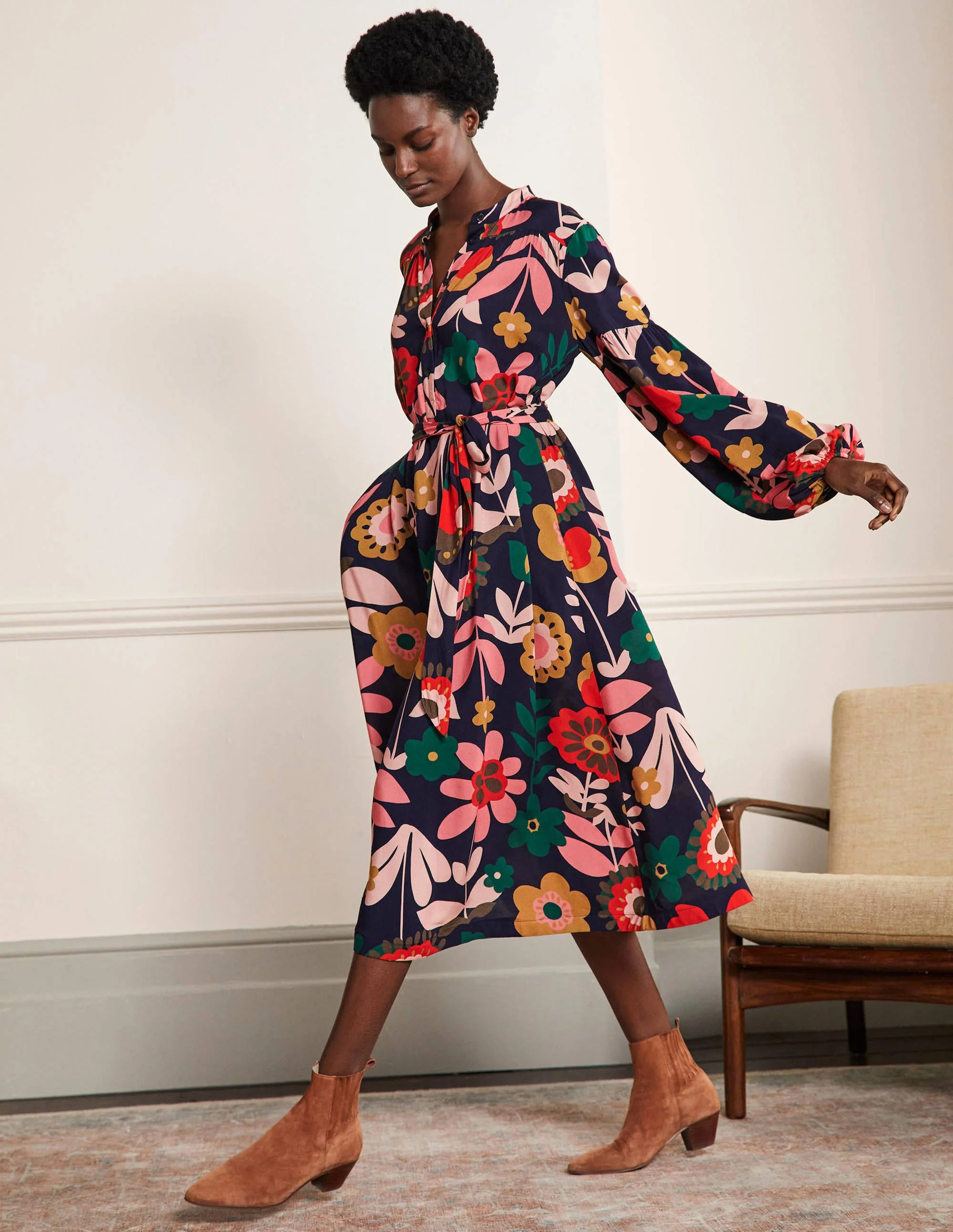 Midikleid mit Blousonärmeln-Französisches Navy, Blüten - Image 4