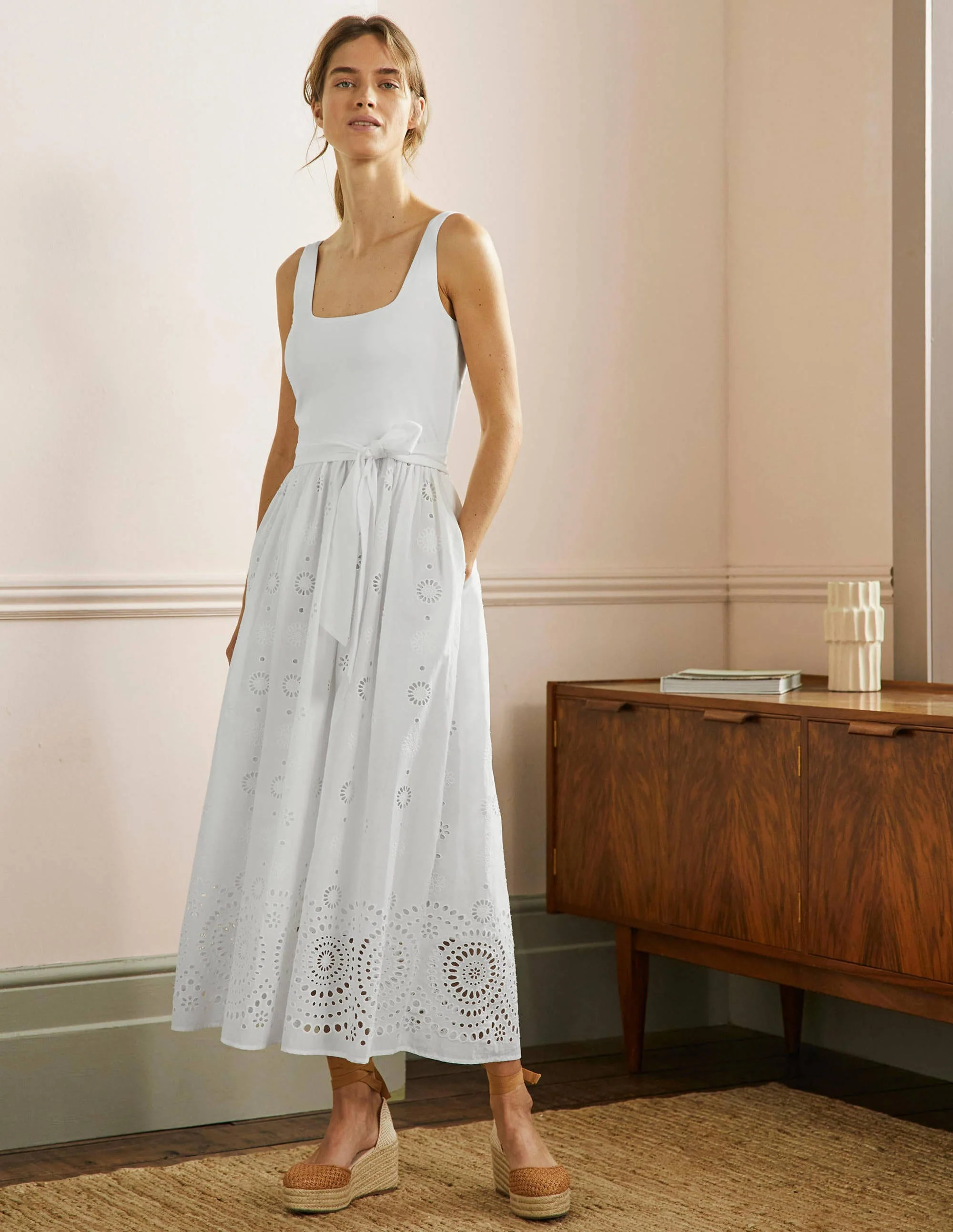 Midikleid mit Lochstickereimix-Weiß