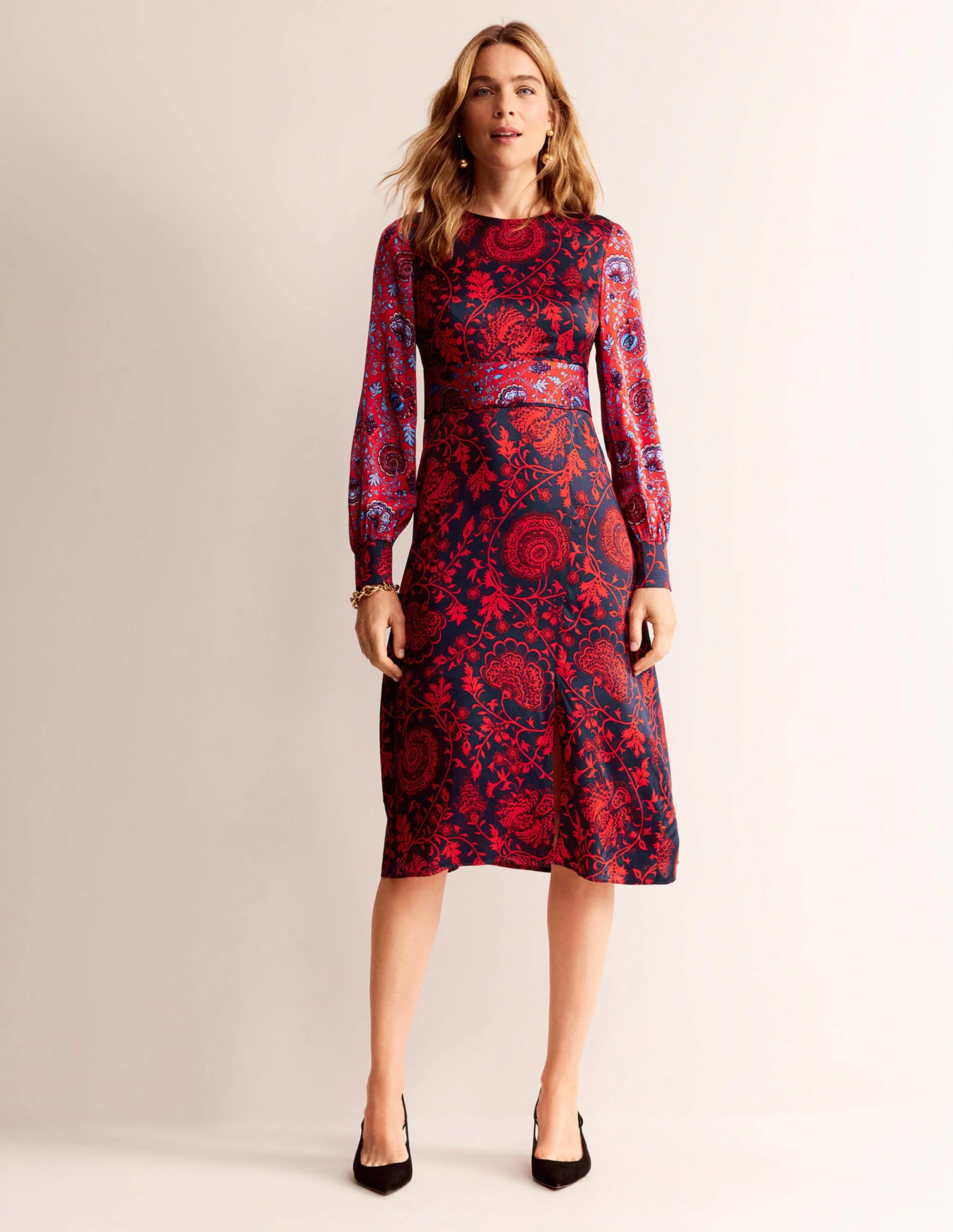 Midikleid mit Paspelierung-Marineblau, Gardenienrot