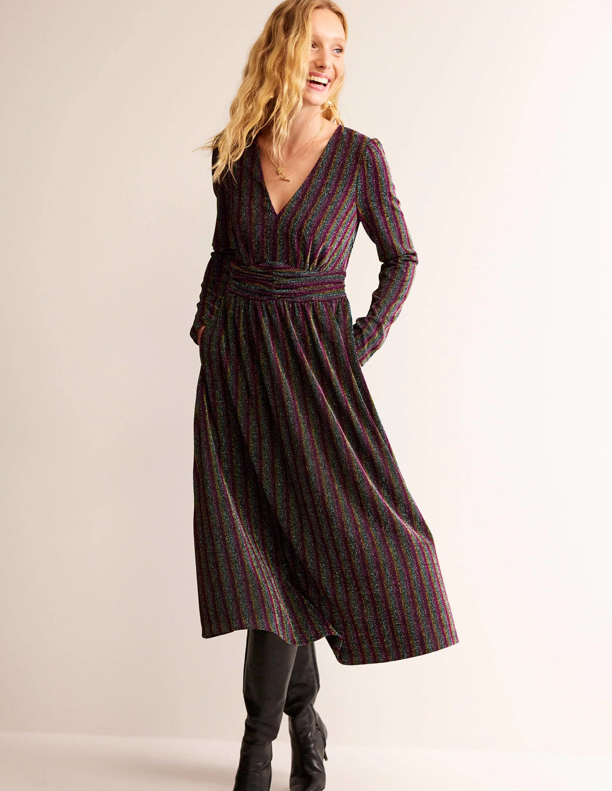 Midikleid mit Raffung und Glitzer-Bunt Gestreift