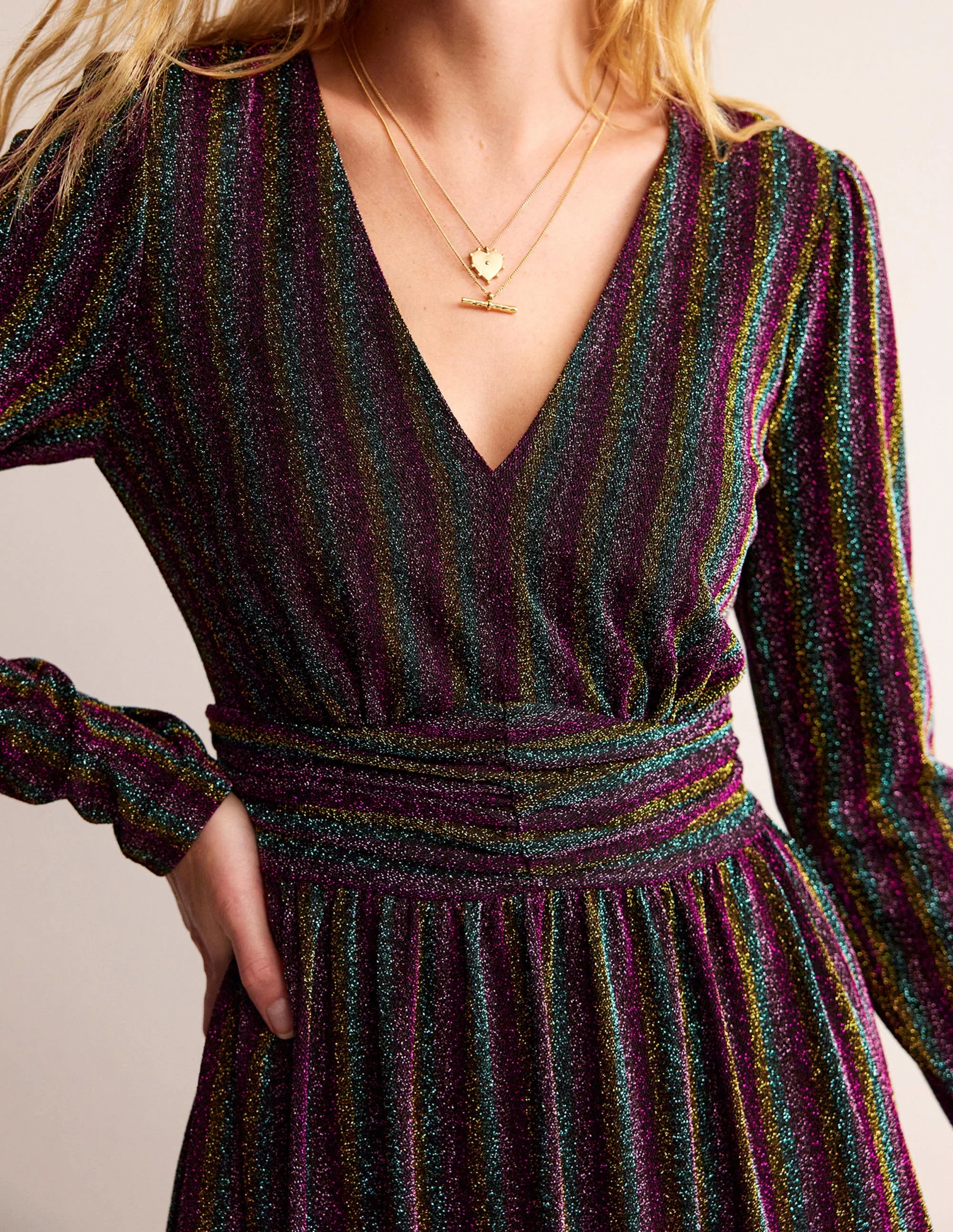 Midikleid mit Raffung und Glitzer-Bunt Gestreift - Image 2
