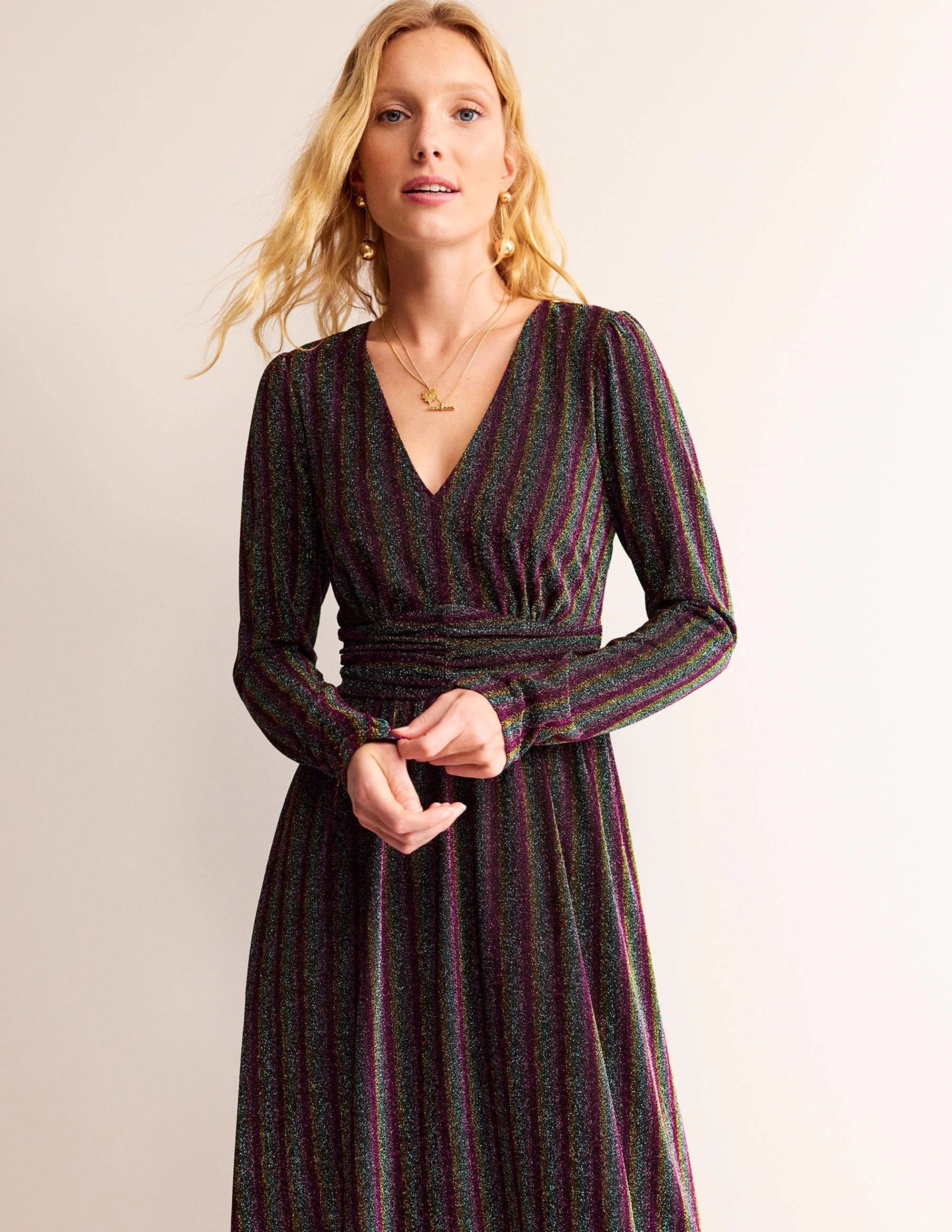 Midikleid mit Raffung und Glitzer-Bunt Gestreift - Image 4