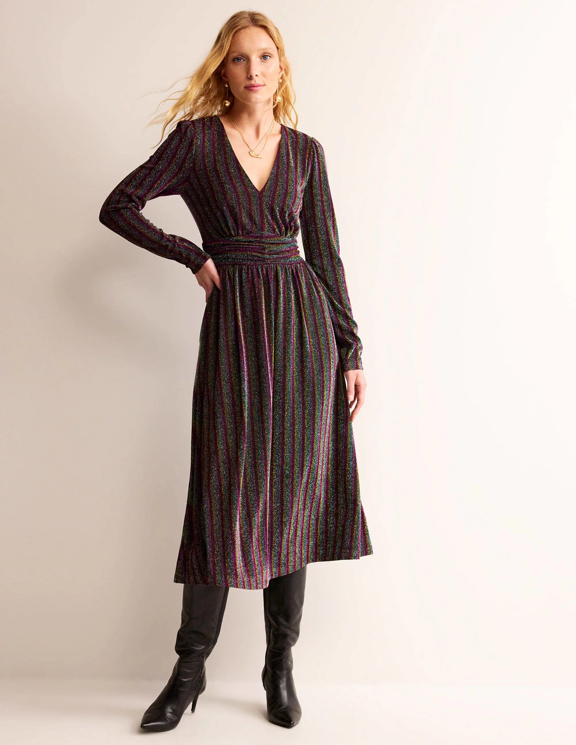 Midikleid mit Raffung und Glitzer-Bunt Gestreift - Image 5