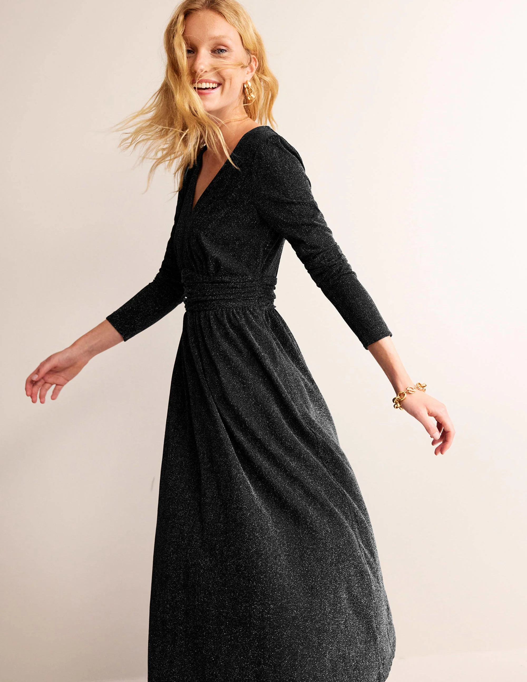 Midikleid mit Raffung und Glitzer-Schwarz