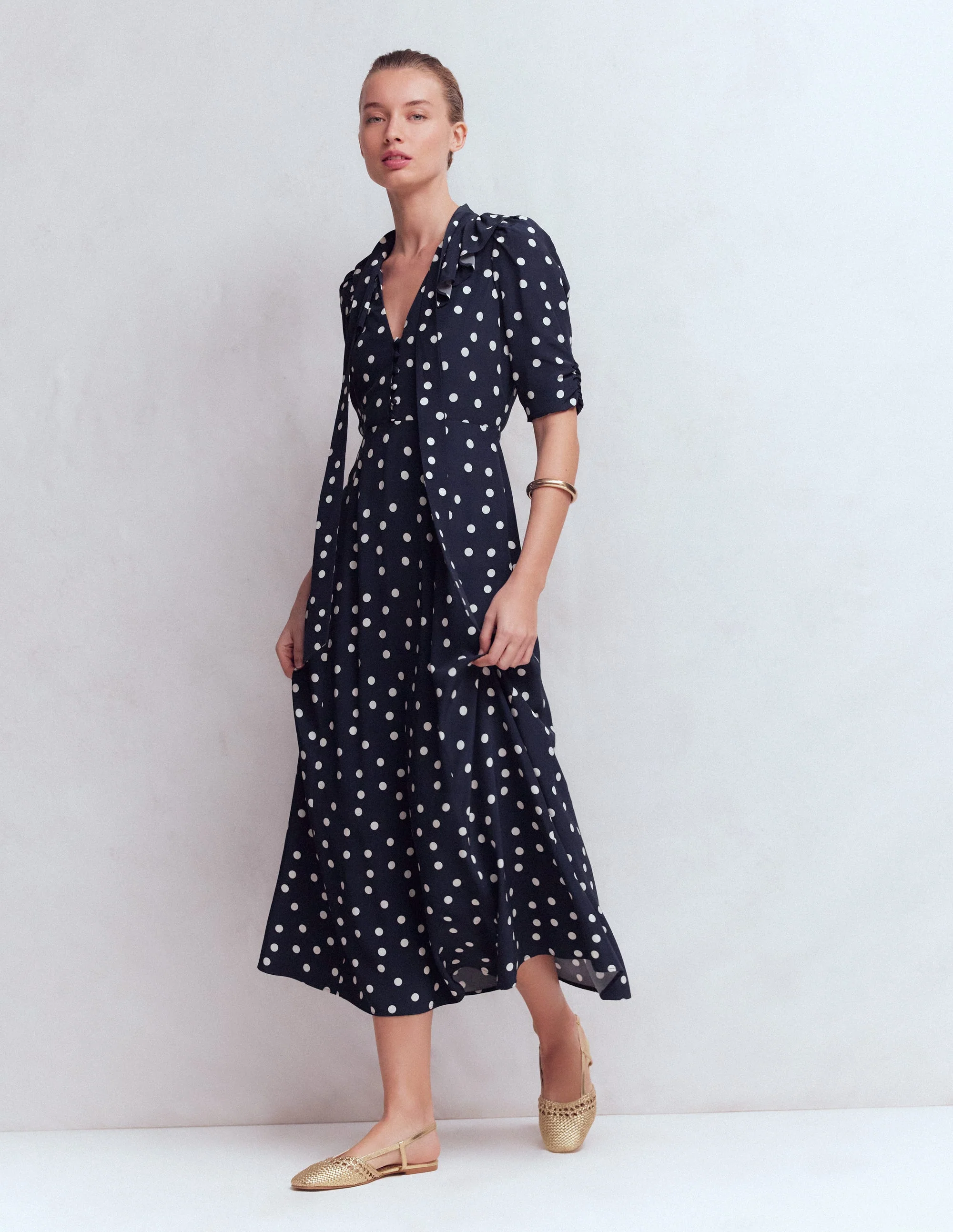 Midikleid mit Rüschenkragen-Französisches Marineblau Gemalt Spaced Dot - Image 4