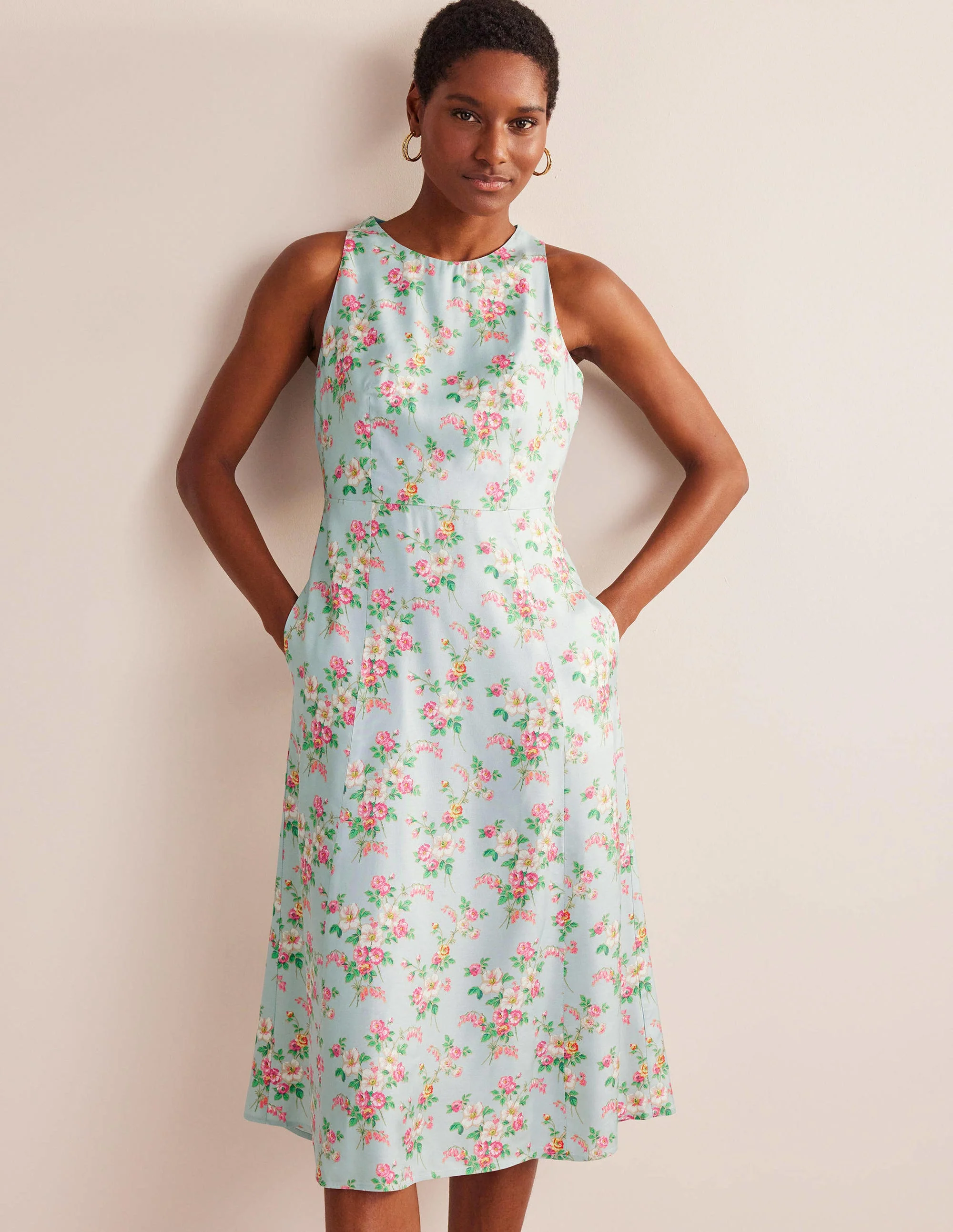 Midikleid mit schmaler Taille und weitem Rock-Blassgrün, Vintage-Blumen