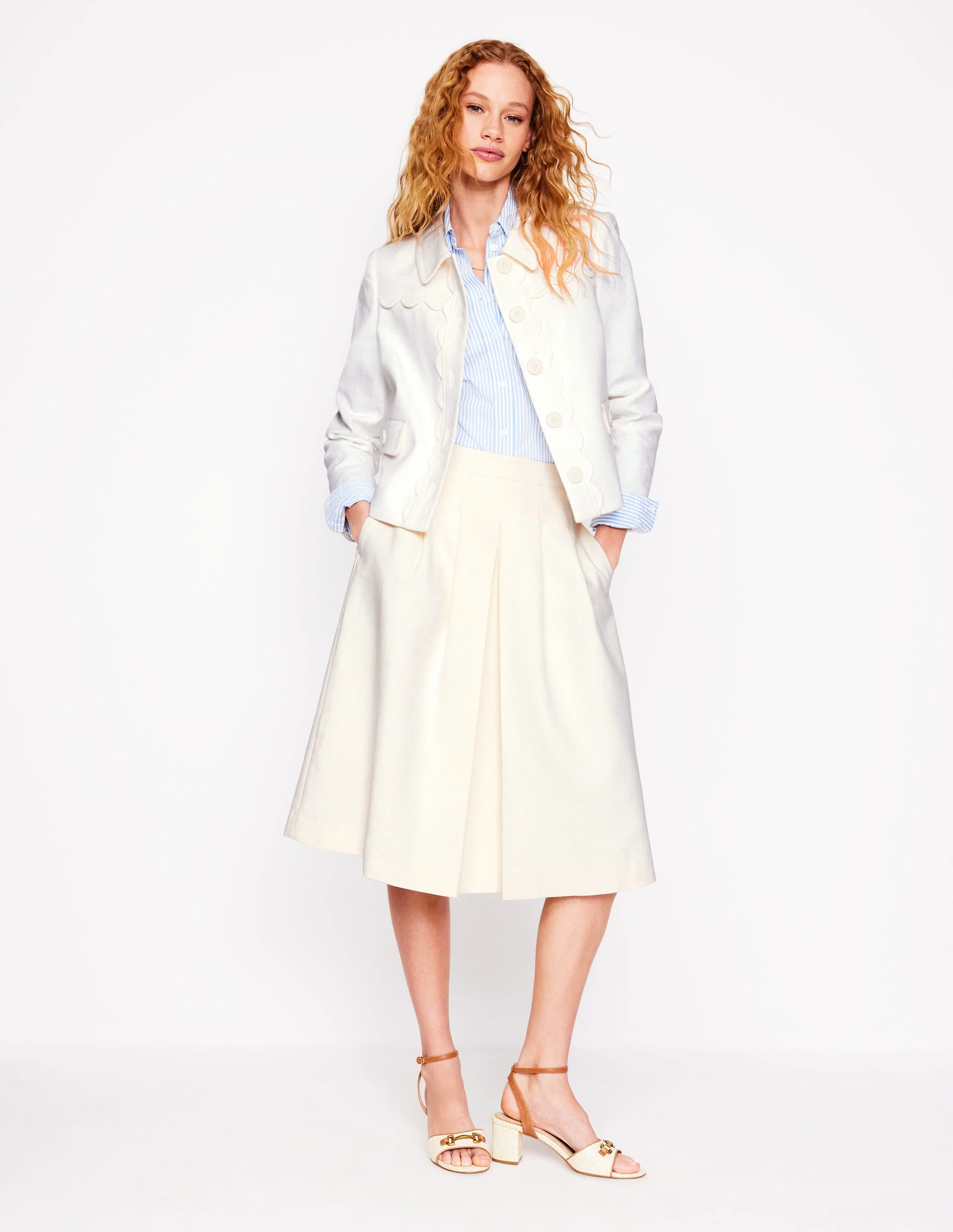 Midirock mit Faltendetail-Ivory and Navy Spot - Image 5