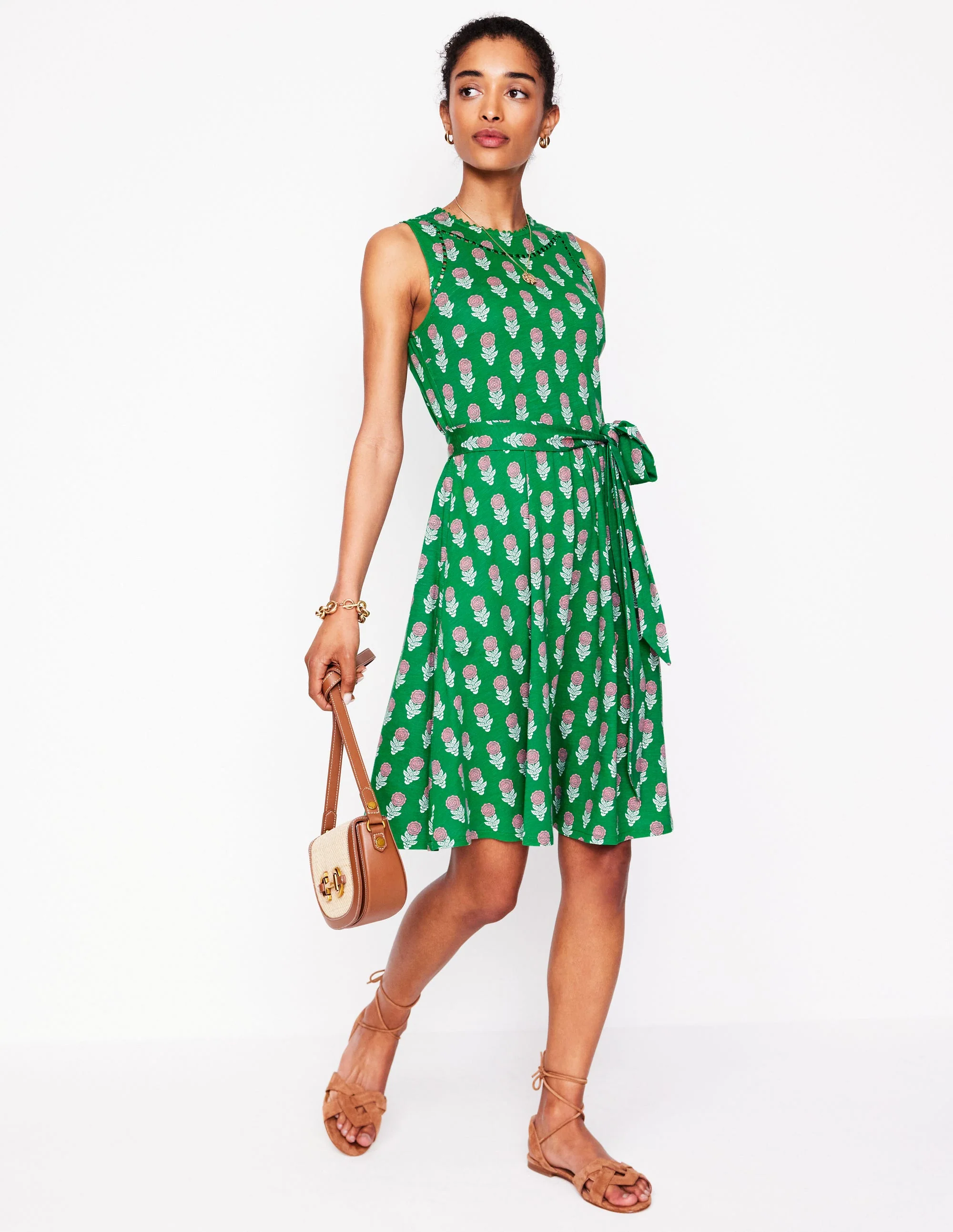 Mila Kurzes Jerseykleid mit Besatz-Smaragdgrün, Dahlienzweig - Image 4