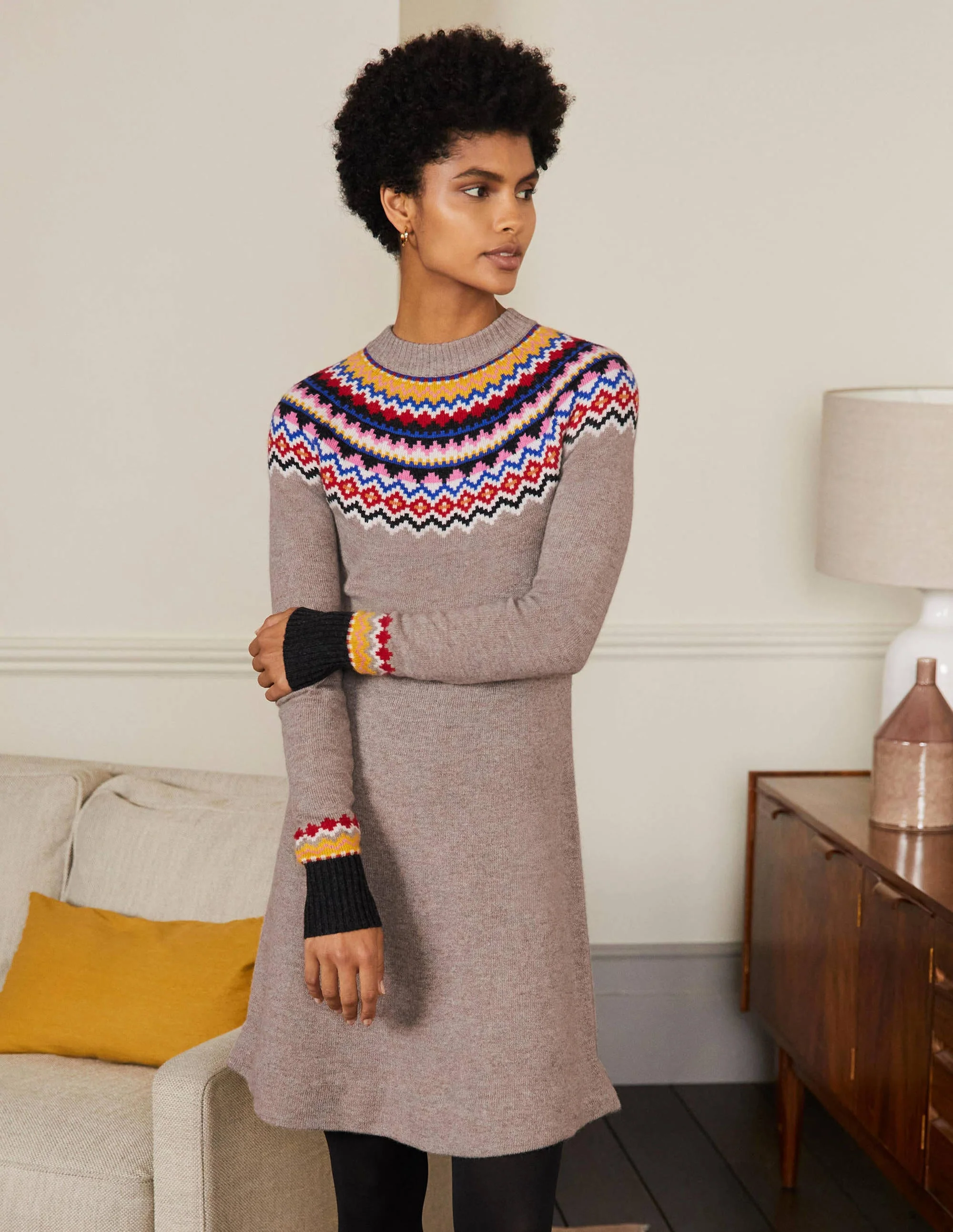 Millie Fair-Isle-Strickkleid-Nerzbraun Melange
