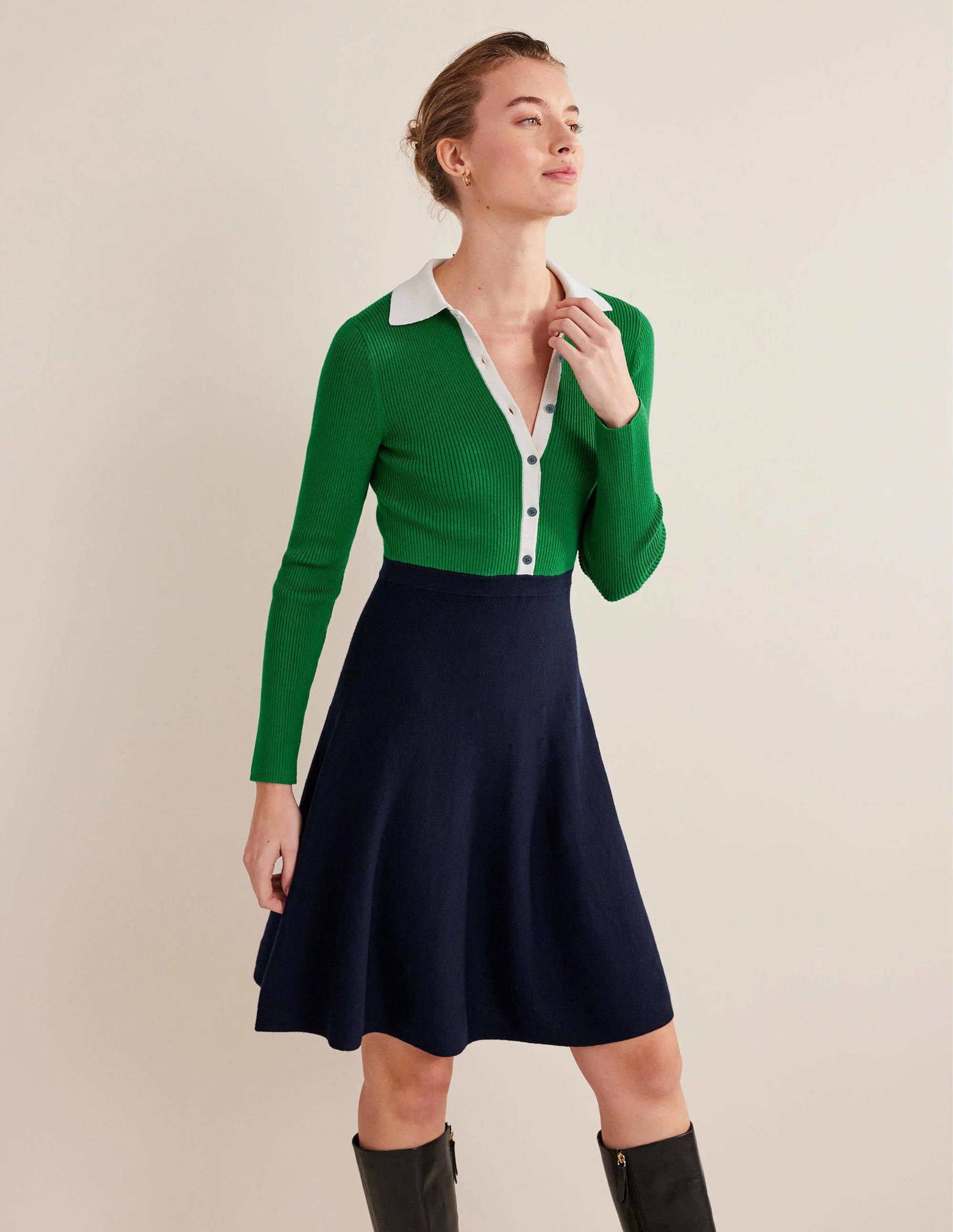 Mini-Strickkleid mit Rippdetails-Grün/Navy, Blockfarben