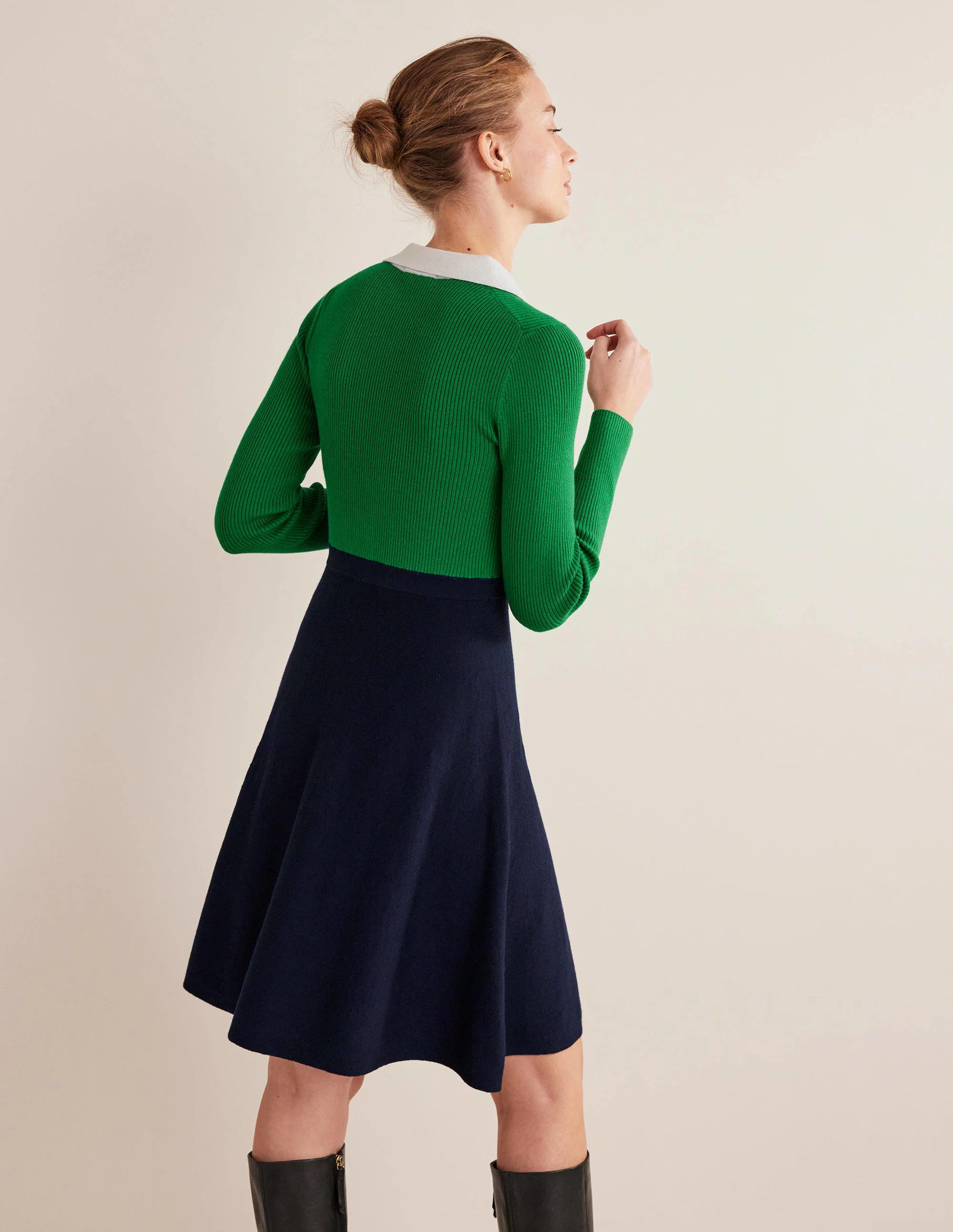 Mini-Strickkleid mit Rippdetails-Grün/Navy, Blockfarben - Image 3