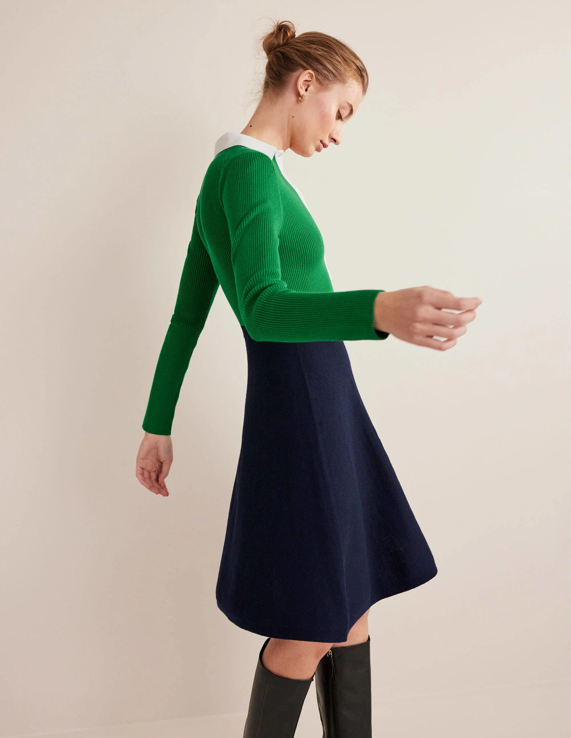 Mini-Strickkleid mit Rippdetails-Grün/Navy, Blockfarben - Image 4