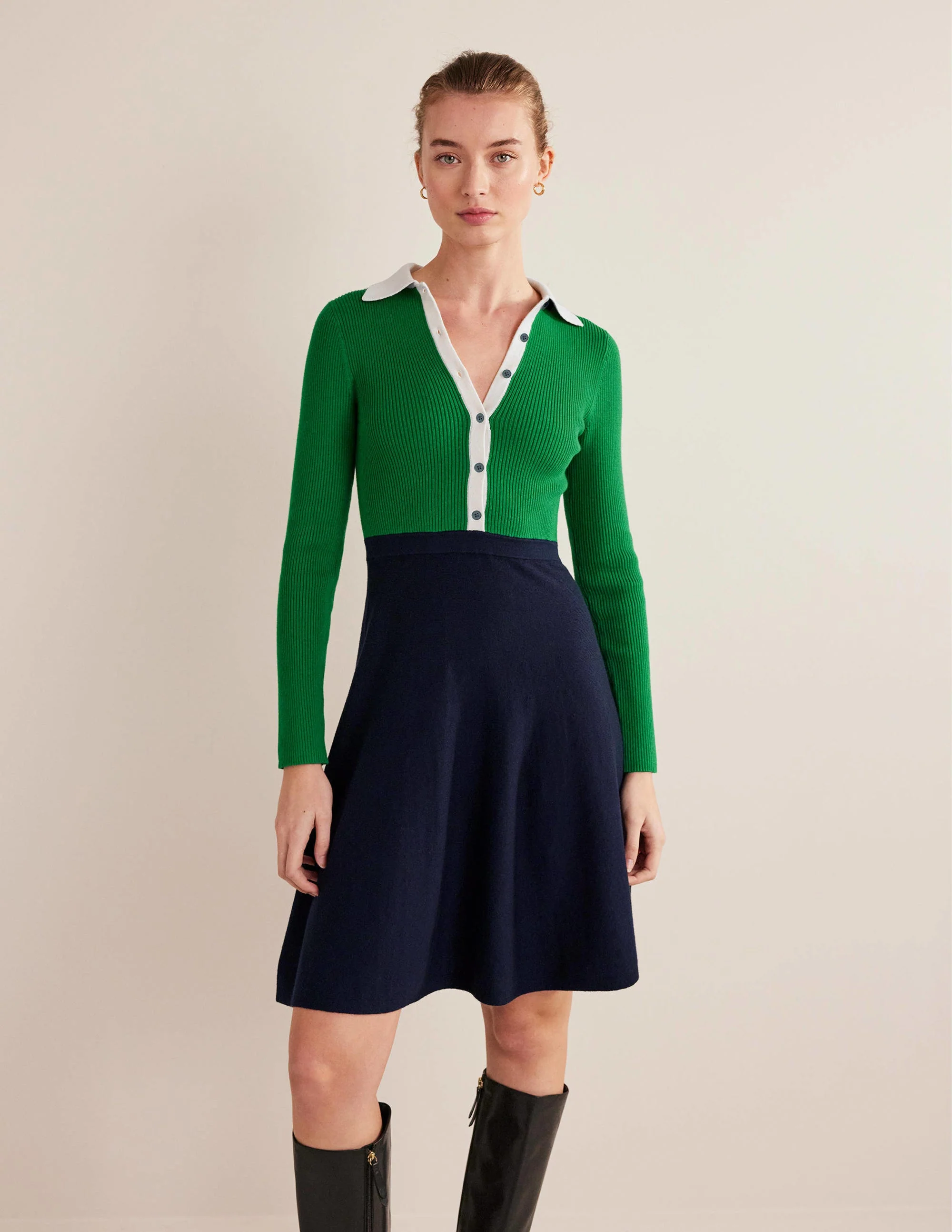 Mini-Strickkleid mit Rippdetails-Grün/Navy, Blockfarben - Image 5