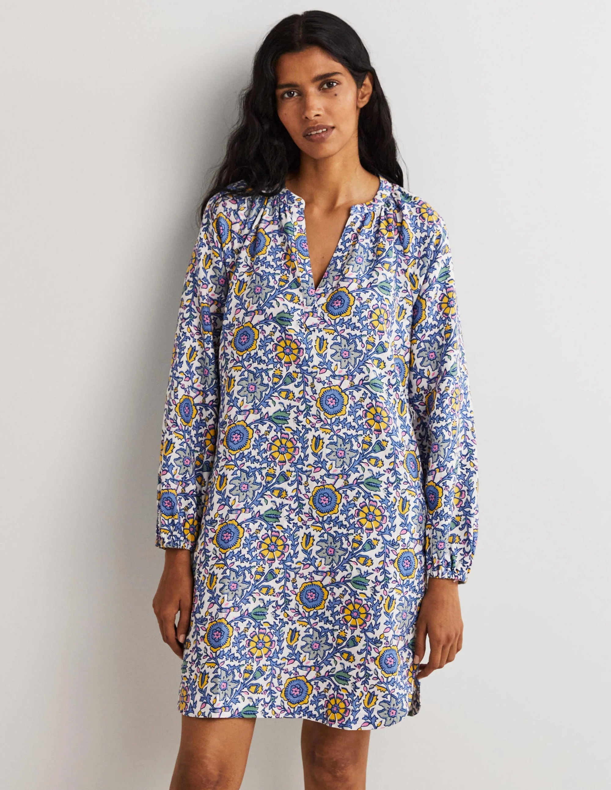 Minikleid aus Leinen mit gekerbtem Ausschnitt-Riviera-Blau, Zauberhafter Zweig - Image 6