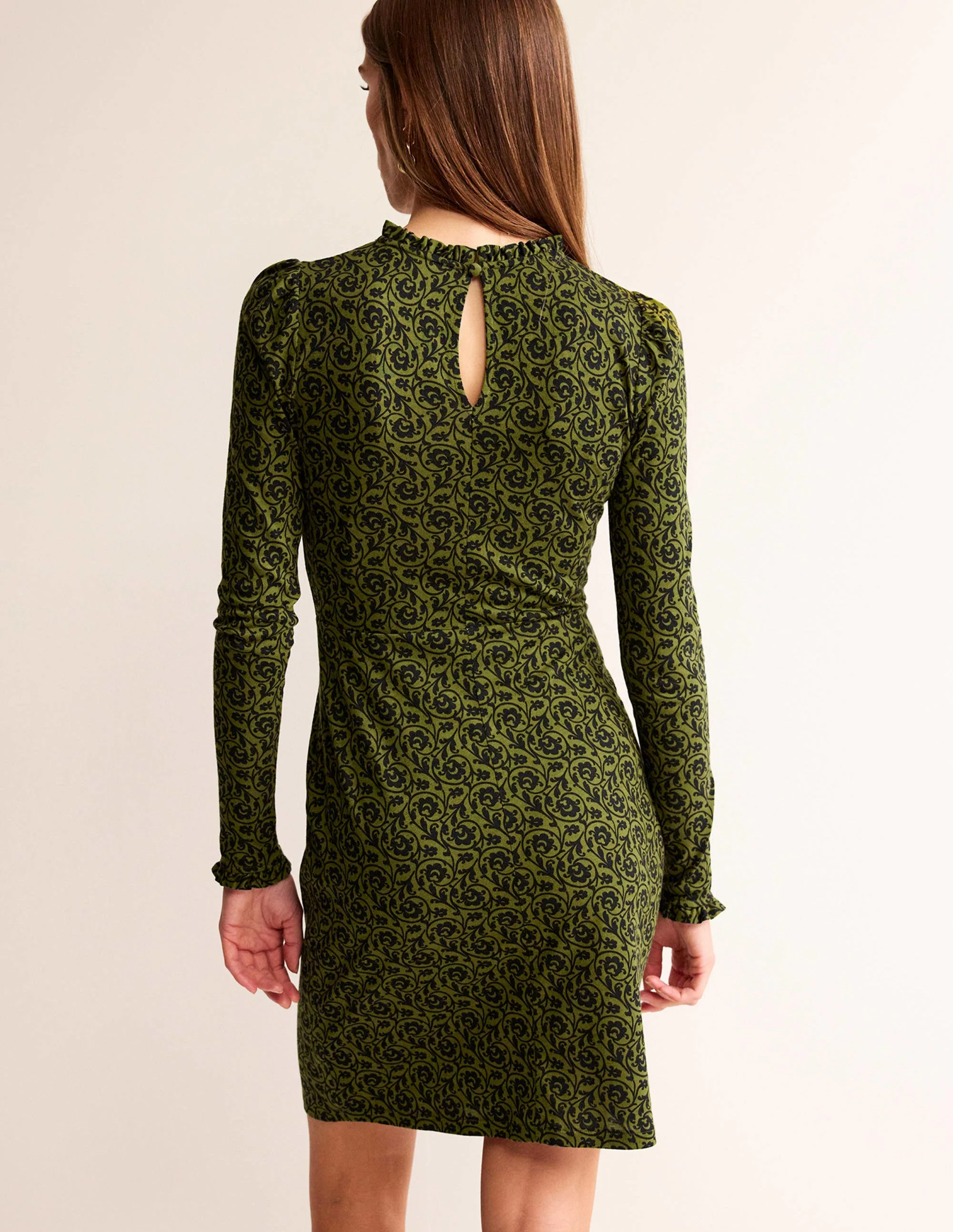 Minikleid mit Rüschendetail-Olivgrün, Schlüsselblumenwirbel - Image 3