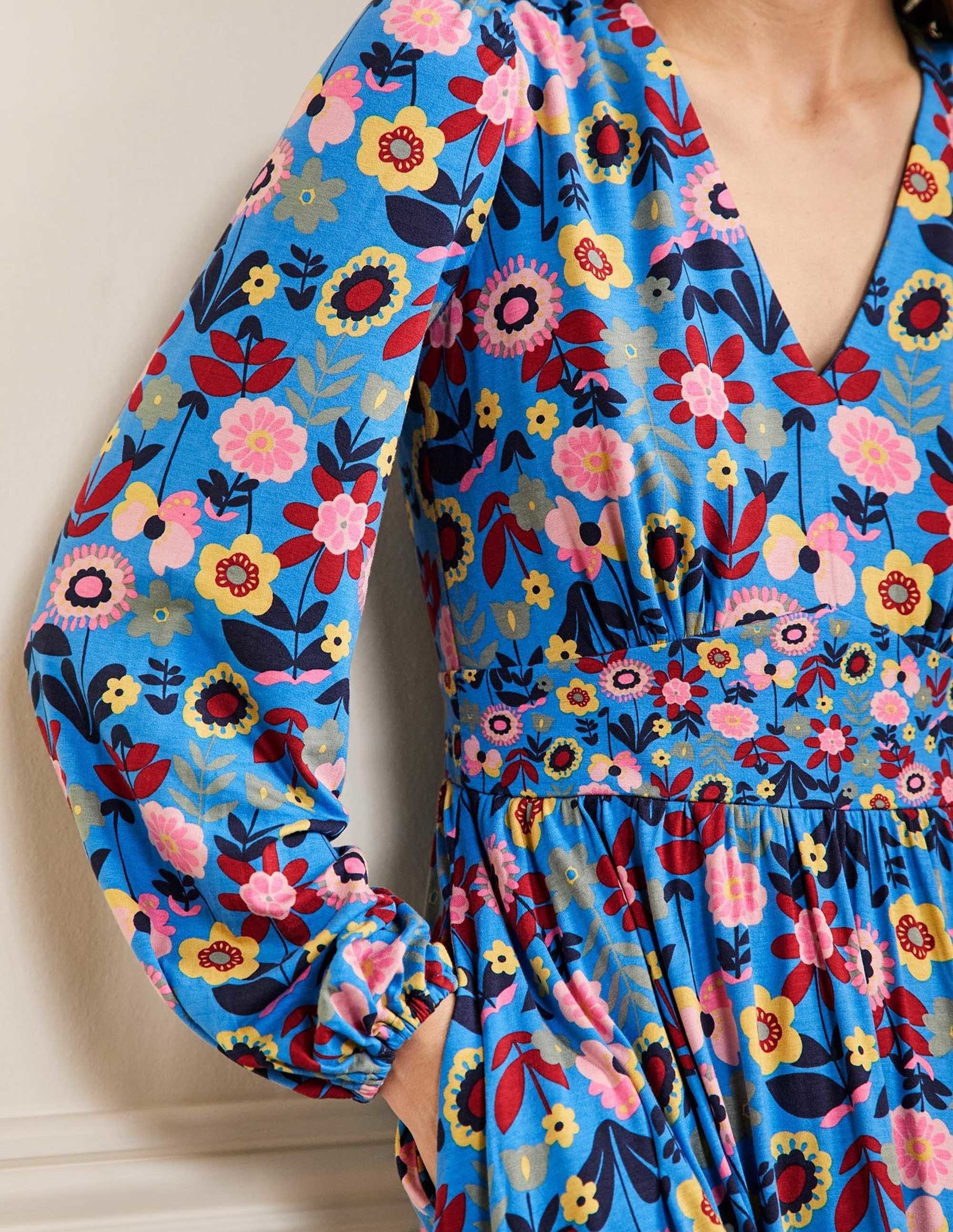 Minikleid mit V-Ausschnitt-Marokkoblau, Blüten - Image 2