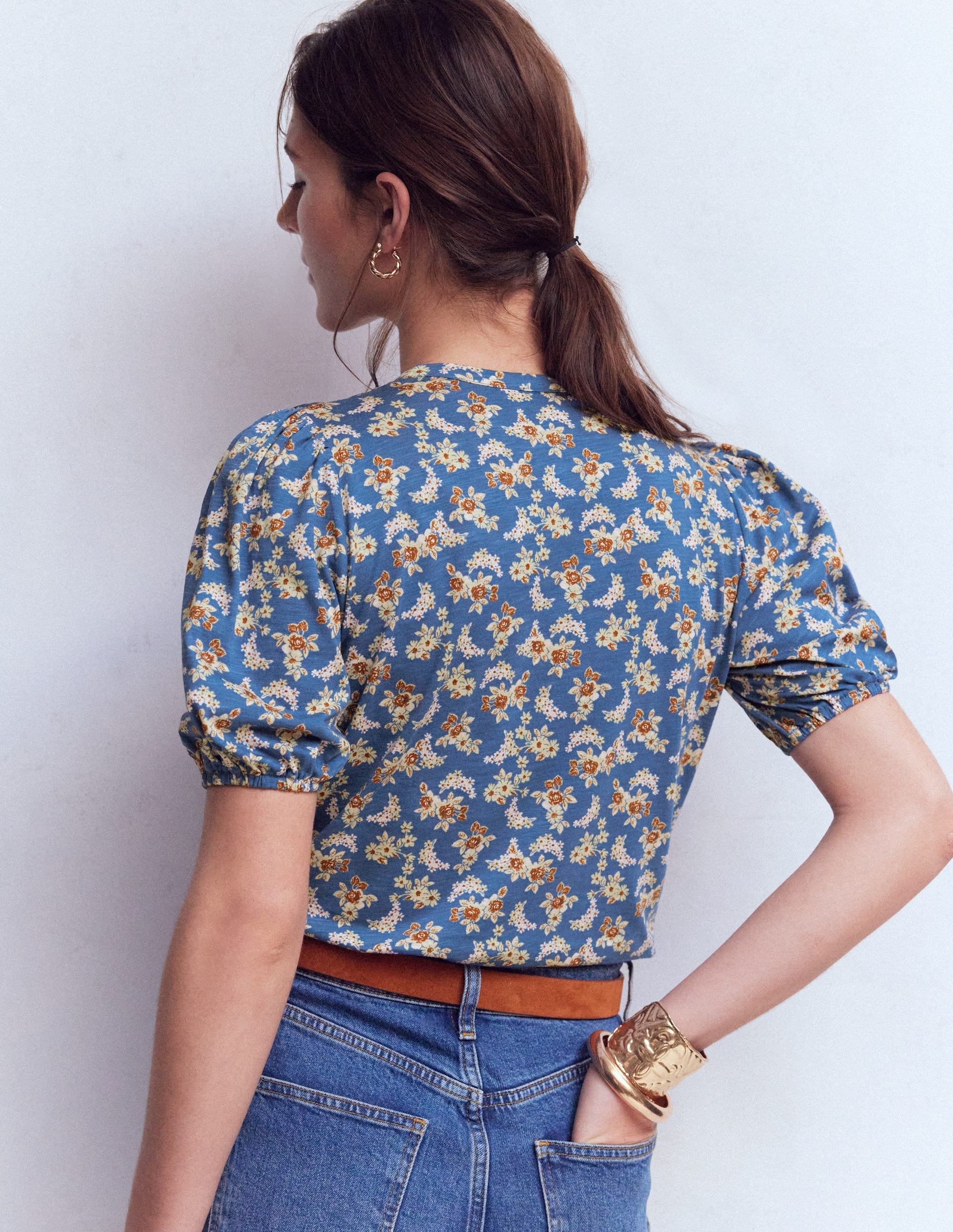 Mya Kurzärmeliges, gesmoktes Hemd-Echtes Marineblau, Zarte Blüten - Image 3