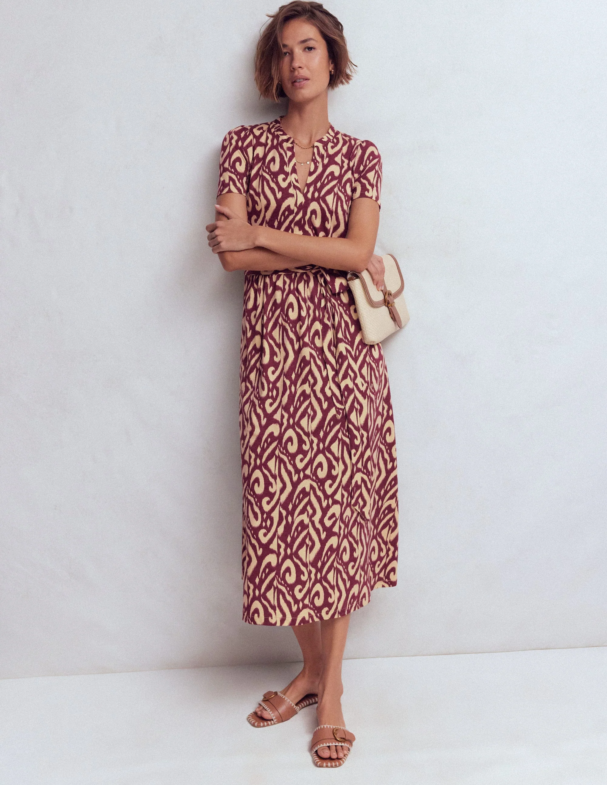 Naomi Jersey-Midikleid-Dunkler Blauregen, Aztekenmuster