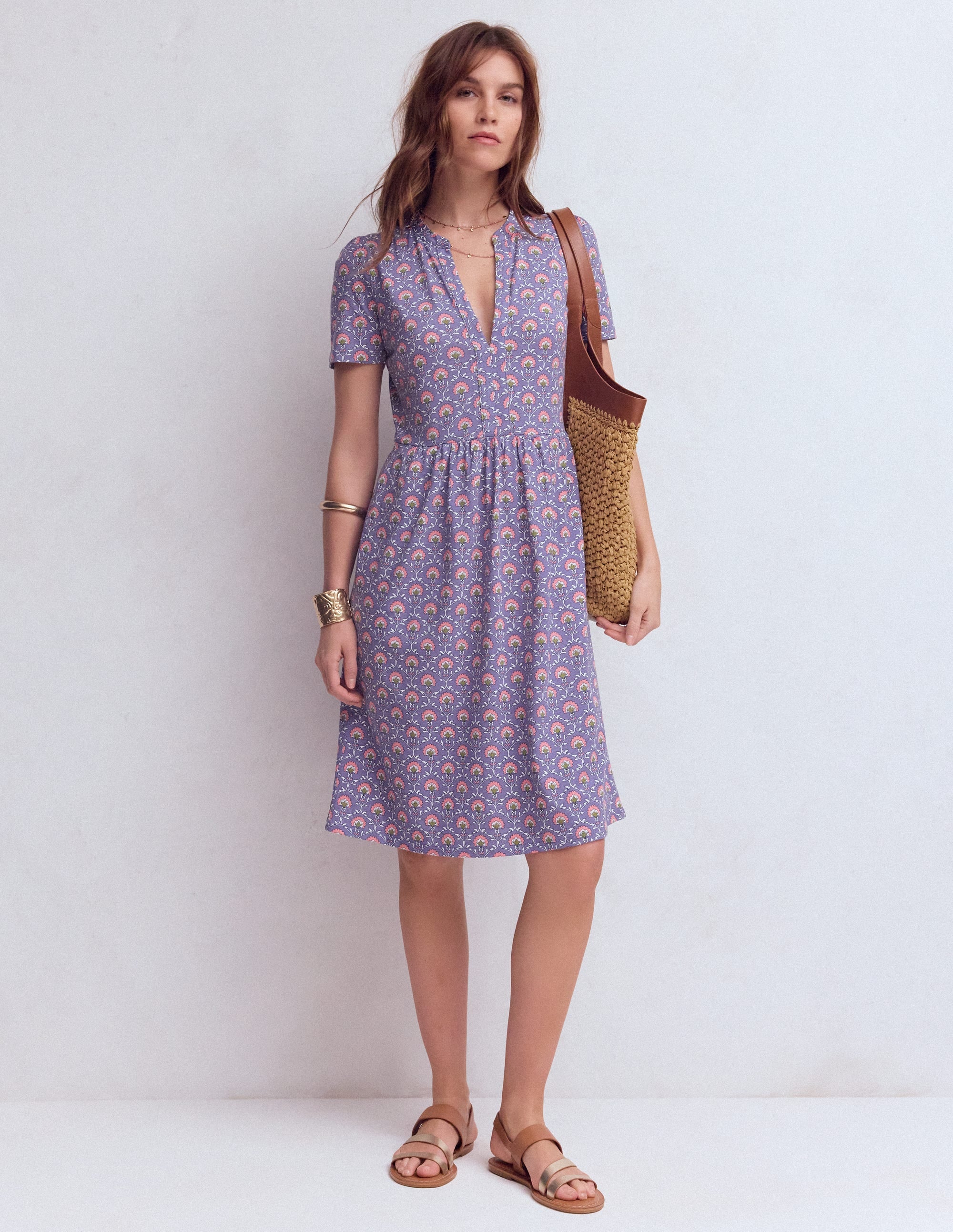 Naomi Kurzärmliges Kleid-Lila Distel, Blumengitter