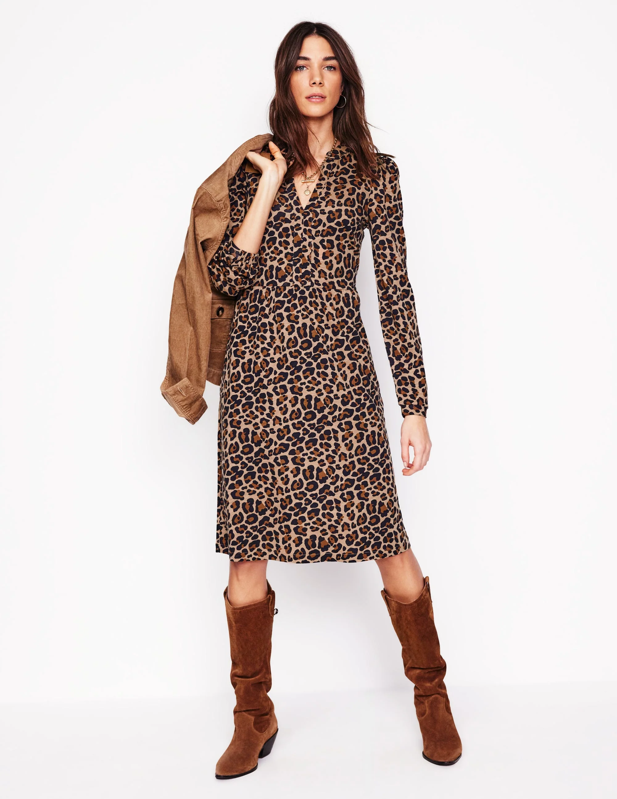 Naomi Lockeres Jerseykleid-Kamelbraun, Gepard Pop