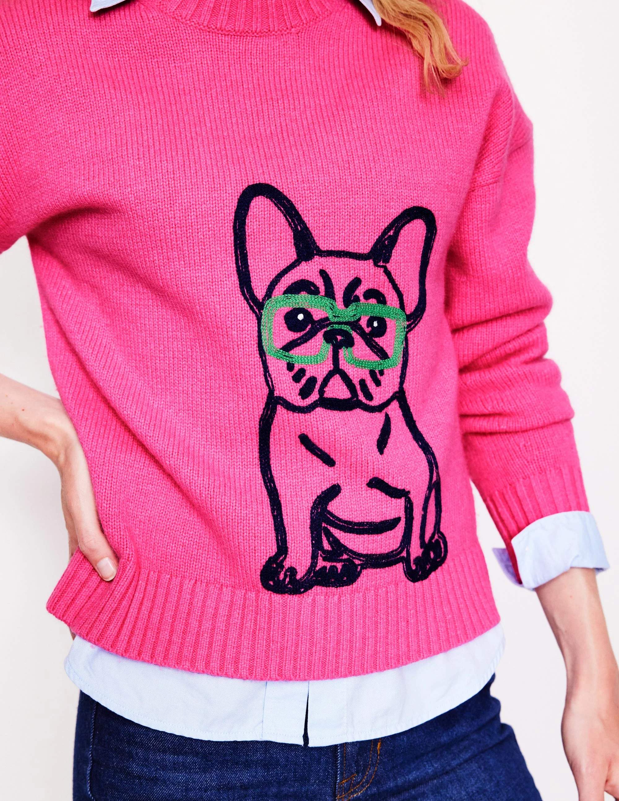 Natalie Pullover mit Stickerei-Festliches Rosa, Bulldogge - Image 2