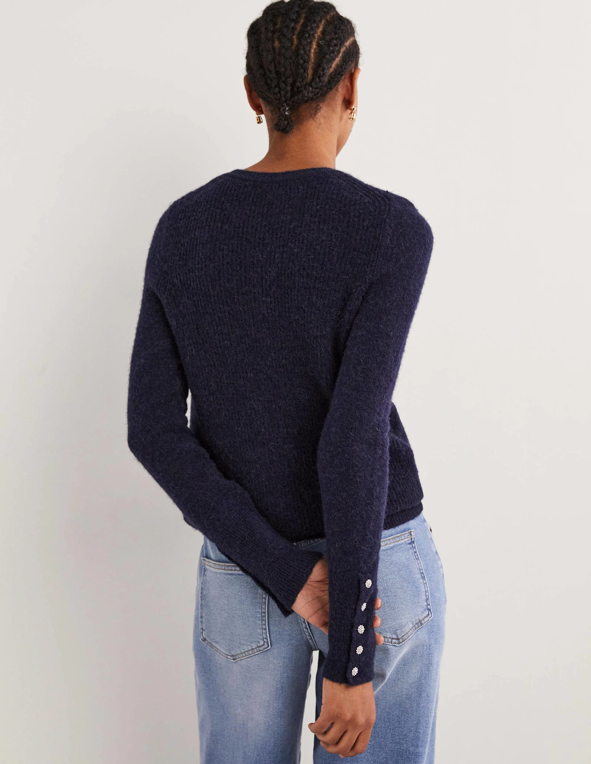 Navy Jewel Button Fluffy Jumper-Marineblau - Image 3