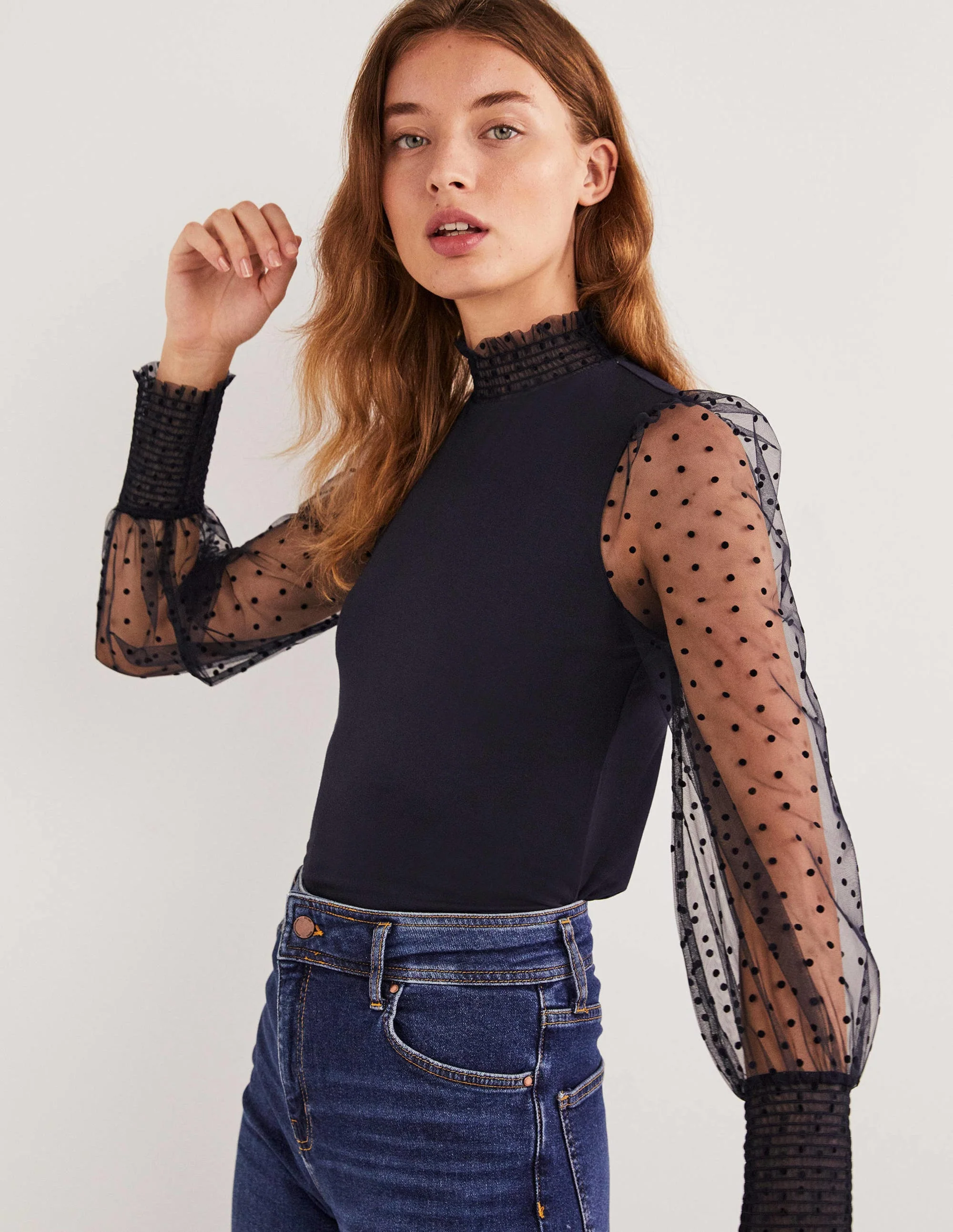 Navy Polka Dot Tulle-Sleeve Party Top-Navy, Navy Geflockte Tupfen