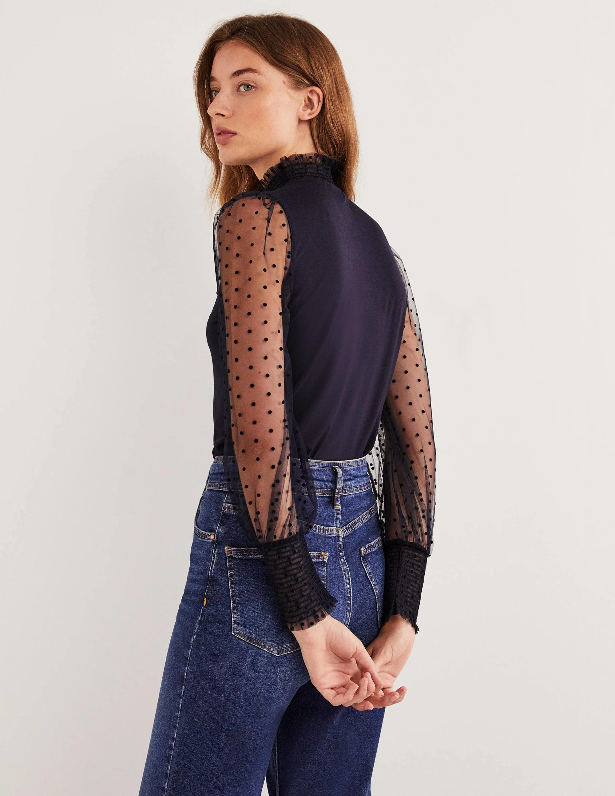 Navy Polka Dot Tulle-Sleeve Party Top-Navy, Navy Geflockte Tupfen - Image 3