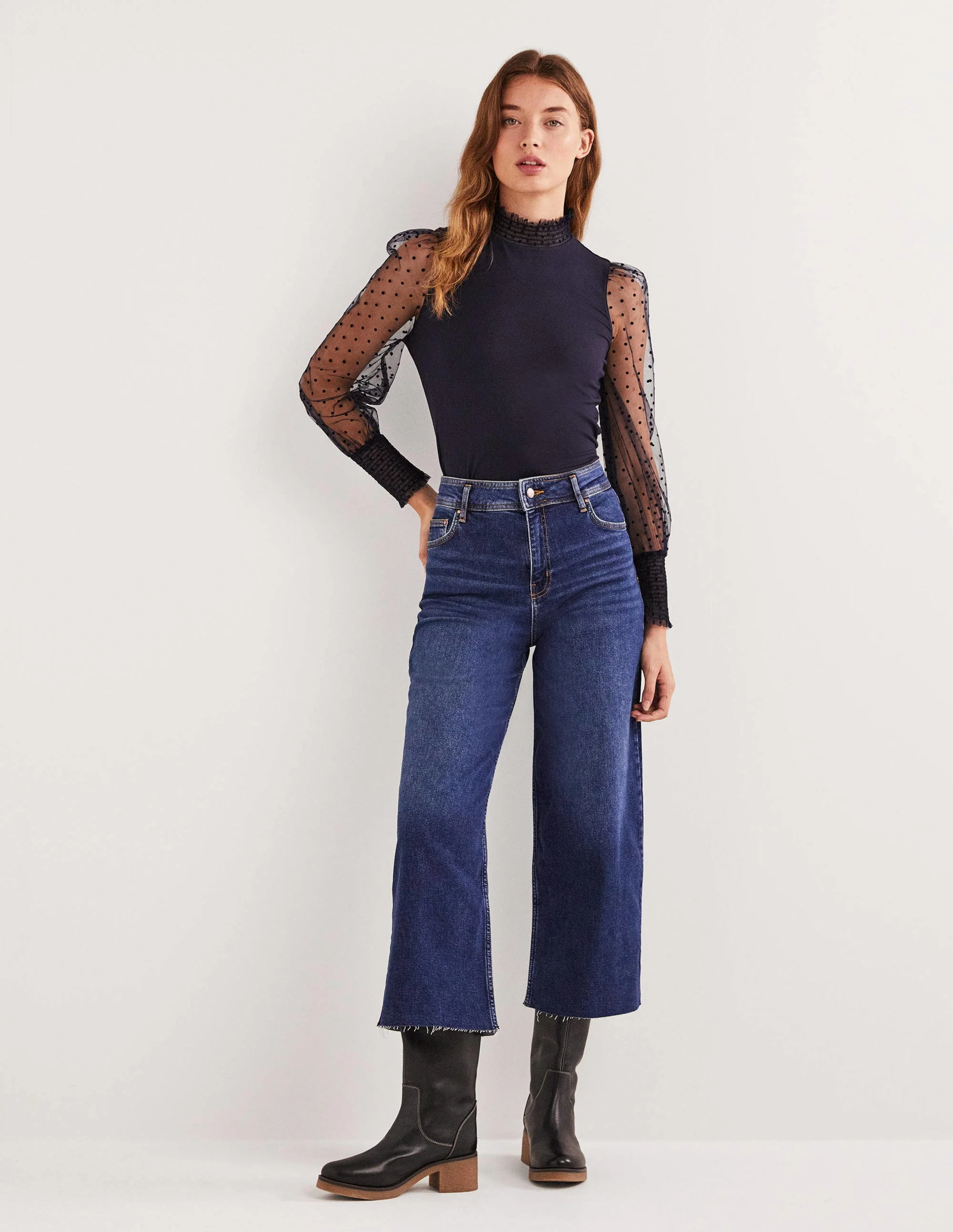 Navy Polka Dot Tulle-Sleeve Party Top-Navy, Navy Geflockte Tupfen - Image 4