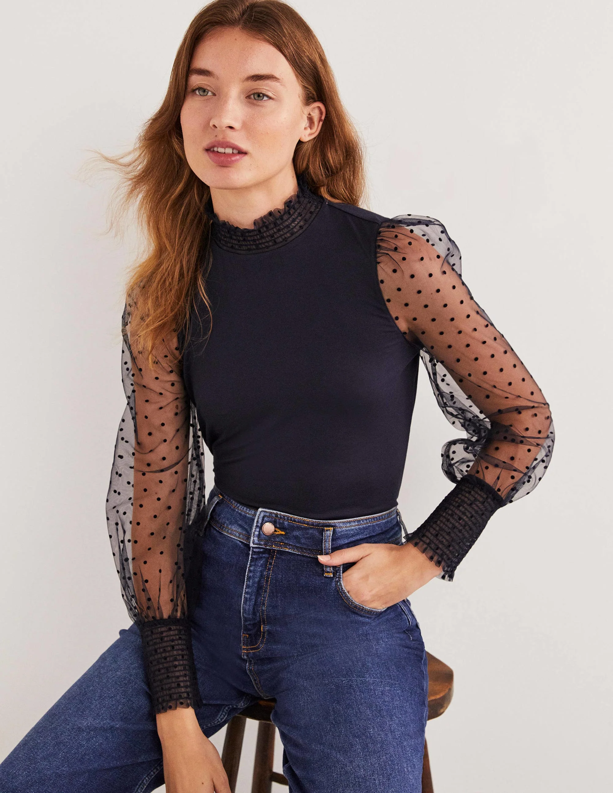 Navy Polka Dot Tulle-Sleeve Party Top-Navy, Navy Geflockte Tupfen - Image 5