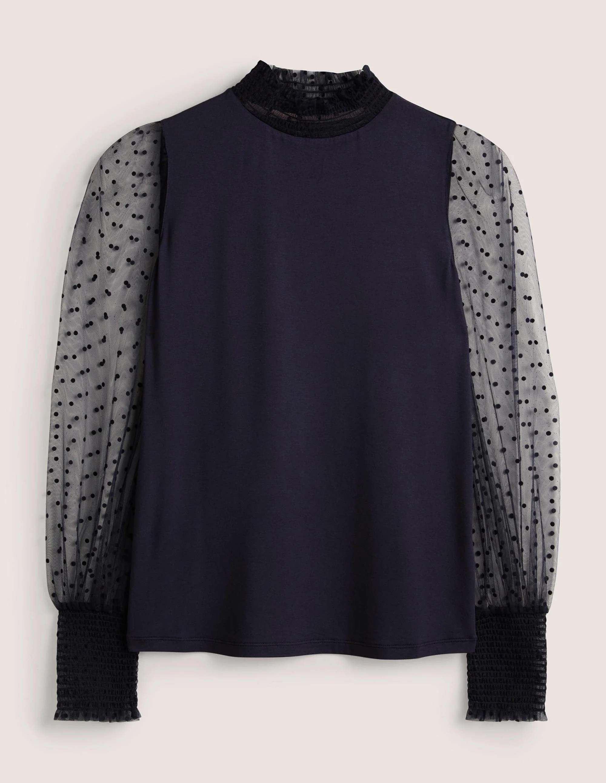 Navy Polka Dot Tulle-Sleeve Party Top-Navy, Navy Geflockte Tupfen - Image 6