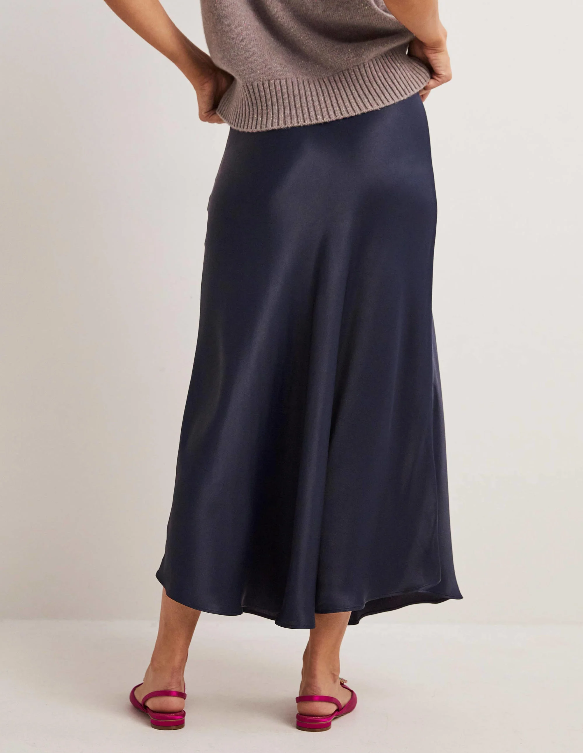 Navy Satin Bias-cut Midi Skirt-Marineblau - Image 3