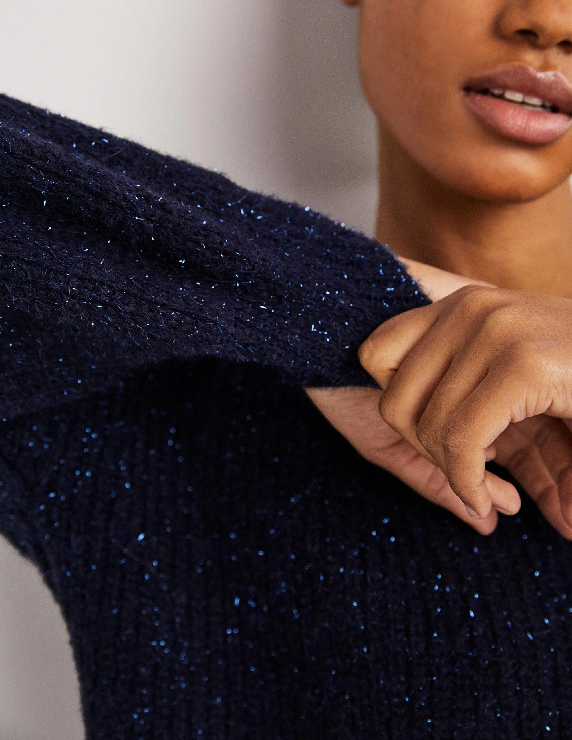 Navy Sparkle Ribbed Fluffy V-Neck Jumper-Navy, Glitzer - Image 2