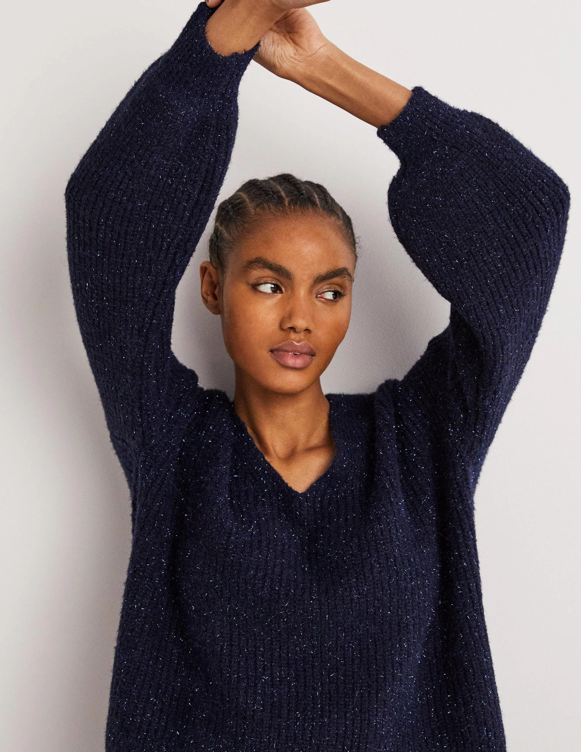 Navy Sparkle Ribbed Fluffy V-Neck Jumper-Navy, Glitzer - Image 4