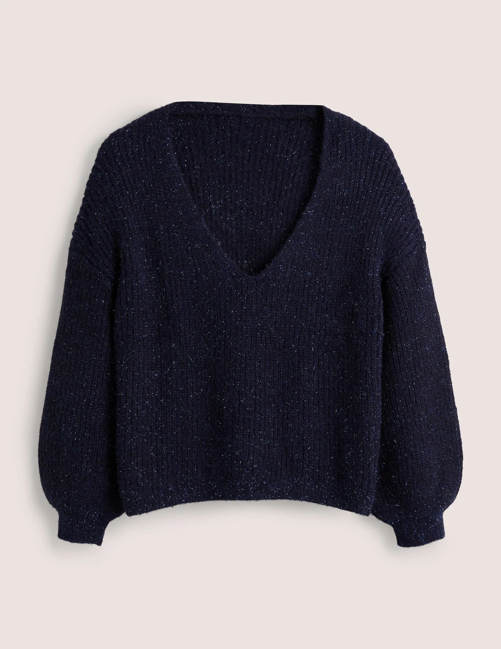 Navy Sparkle Ribbed Fluffy V-Neck Jumper-Navy, Glitzer - Image 5