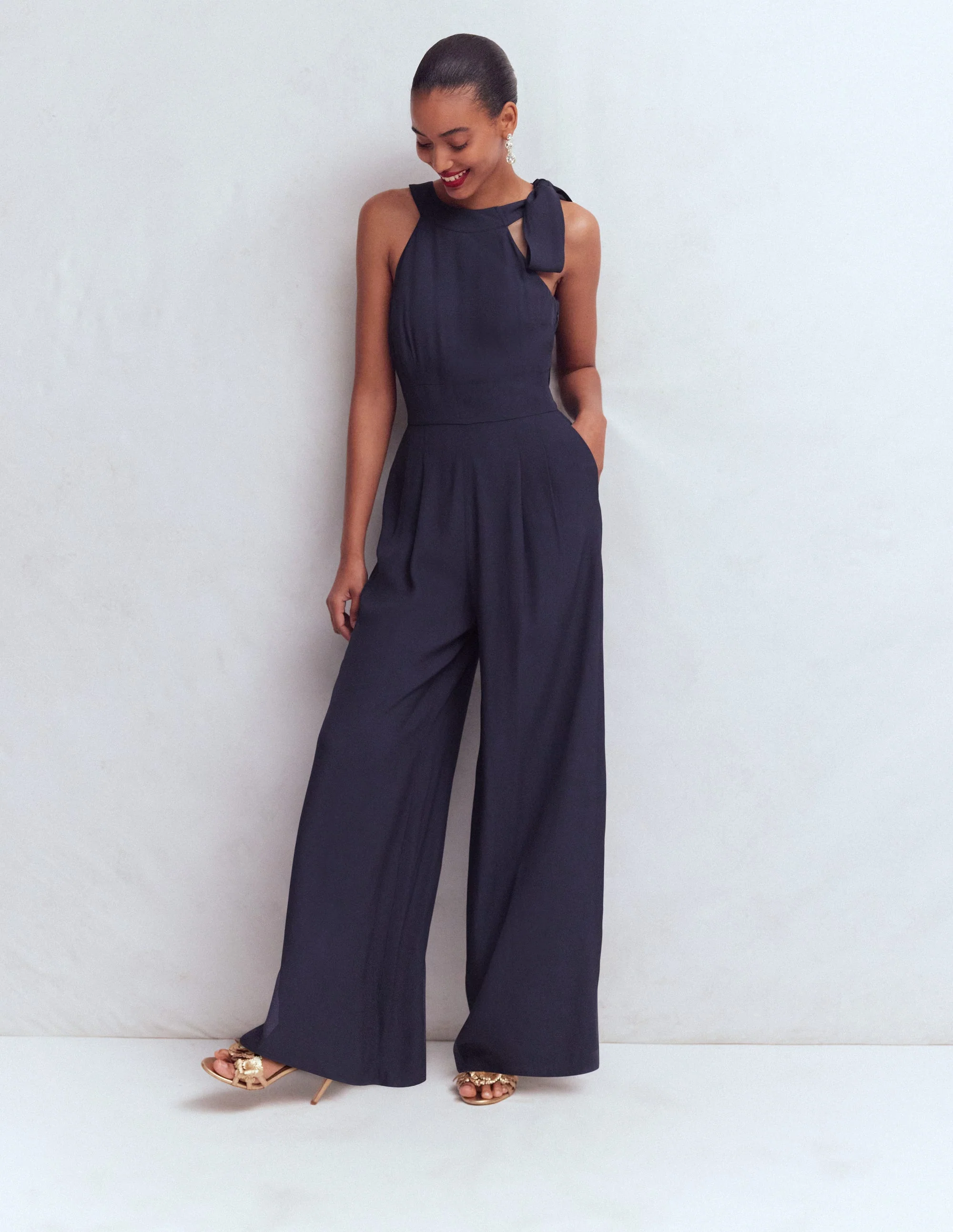 Neckholder-Jumpsuit zum Binden-Marineblau - Image 5