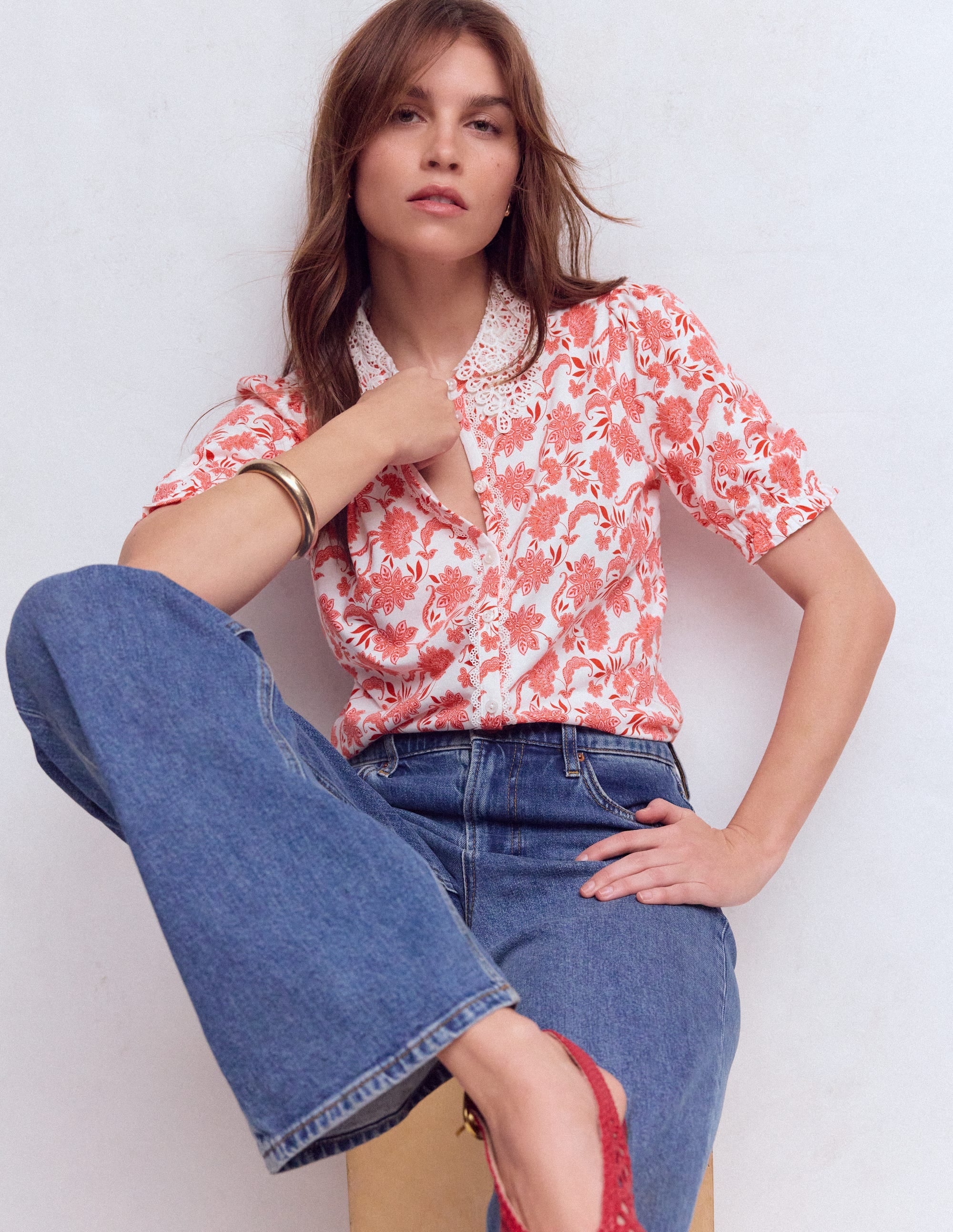 Nessa Bluse mit Lochstickerei am Kragen-Pink Geblümt