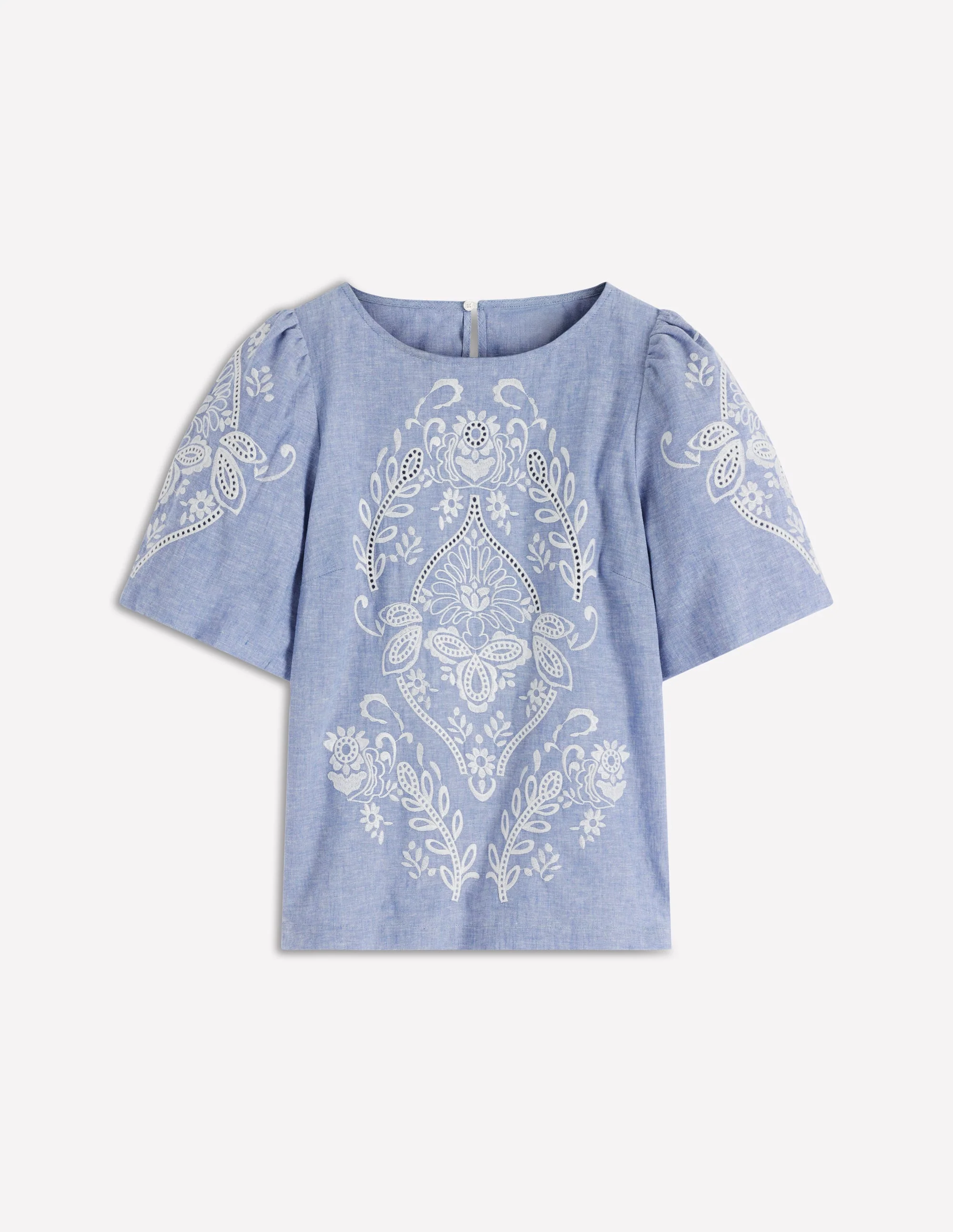 Oberteil aus Leinen mit Puffärmeln-Blauer Faux-Uni - Image 5