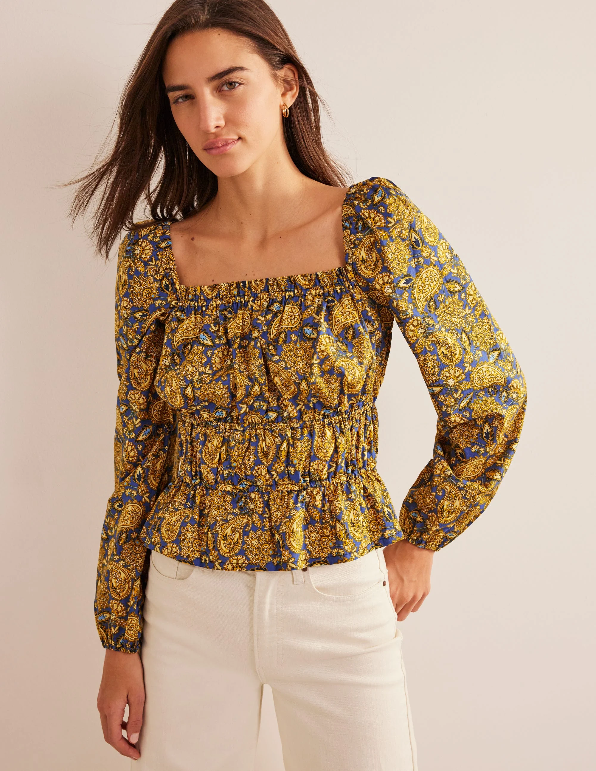 Oberteil mit geraffter Taille-Ockergelb, Paisleymuster