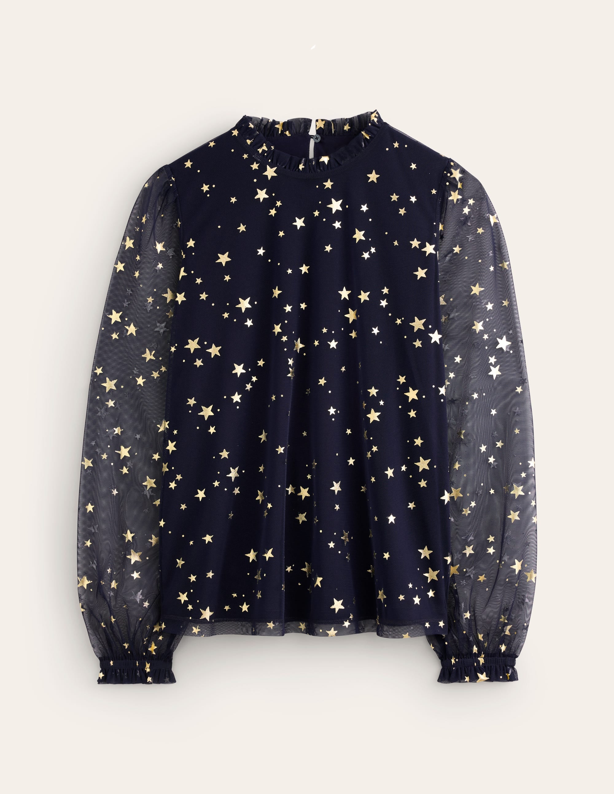 Oberteil mit Tüll-Blousonärmeln-Marineblau, verstreute Sterne - Image 6