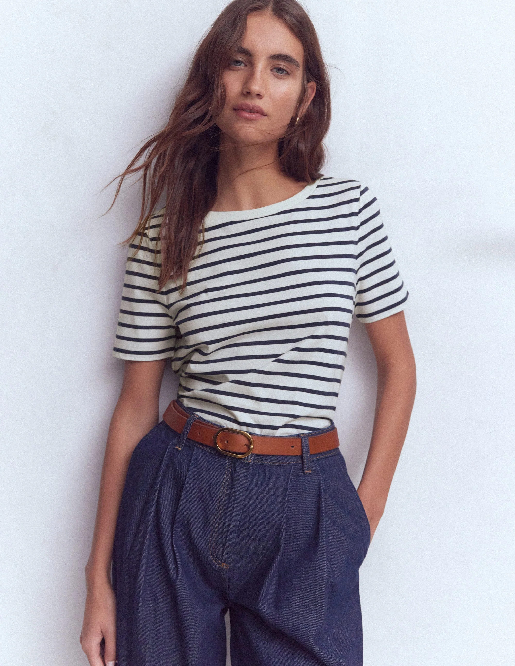 Olivia Kurzärmliges Bretonshirt-Naturweiß, Marineblau