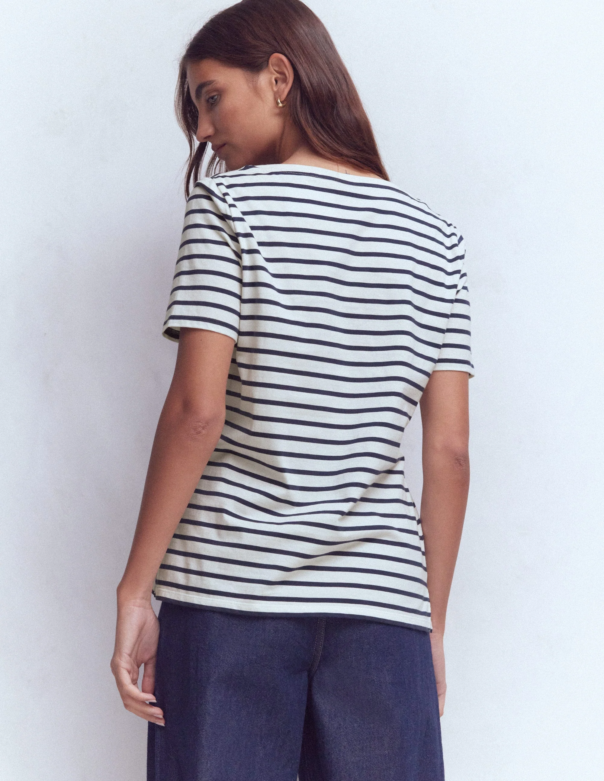 Olivia Kurzärmliges Bretonshirt-Naturweiß, Marineblau - Image 3