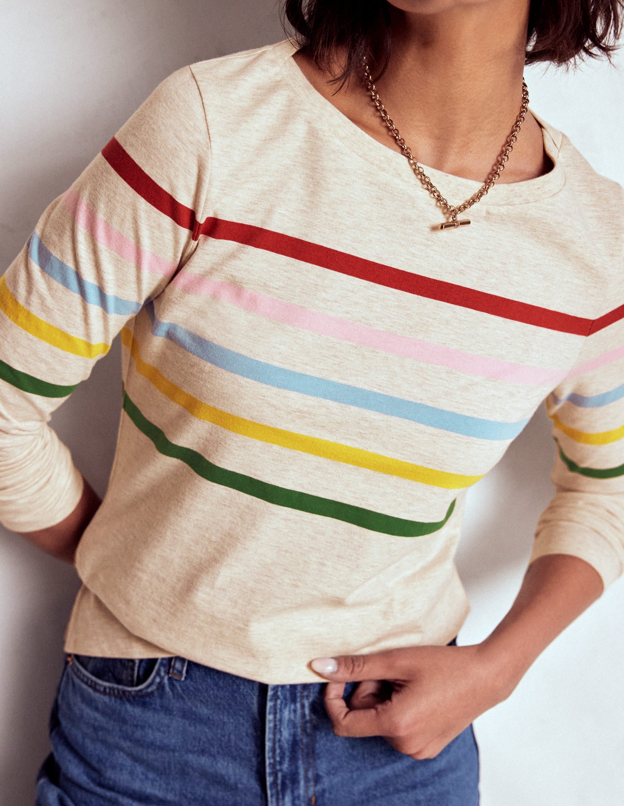 Olivia Langärmliges Bretonshirt-Haferbeige meliert Bretonstreifen - Image 2