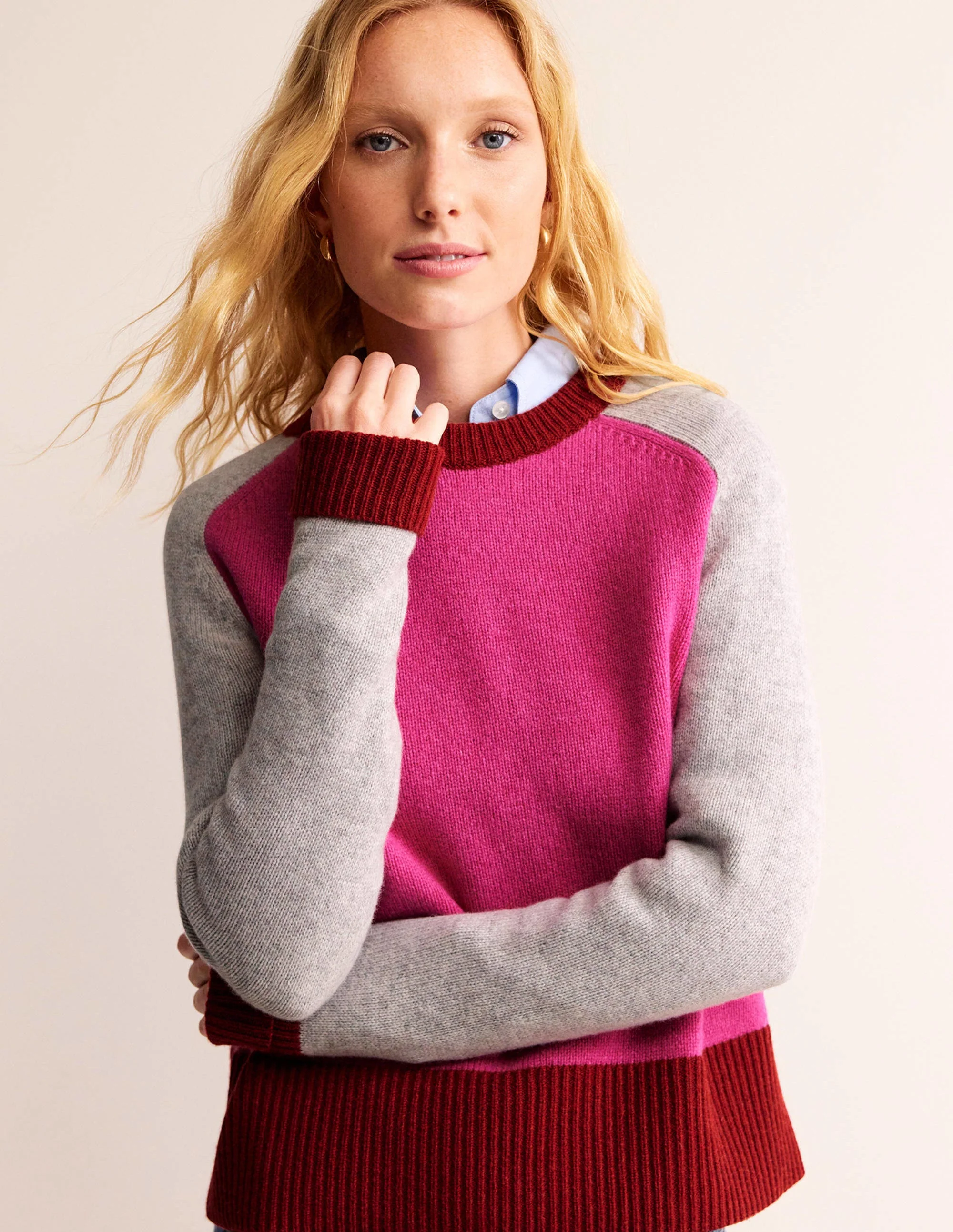 Olivia Merino-Pullover-Amaranth, Feuerglühen Blockfarben