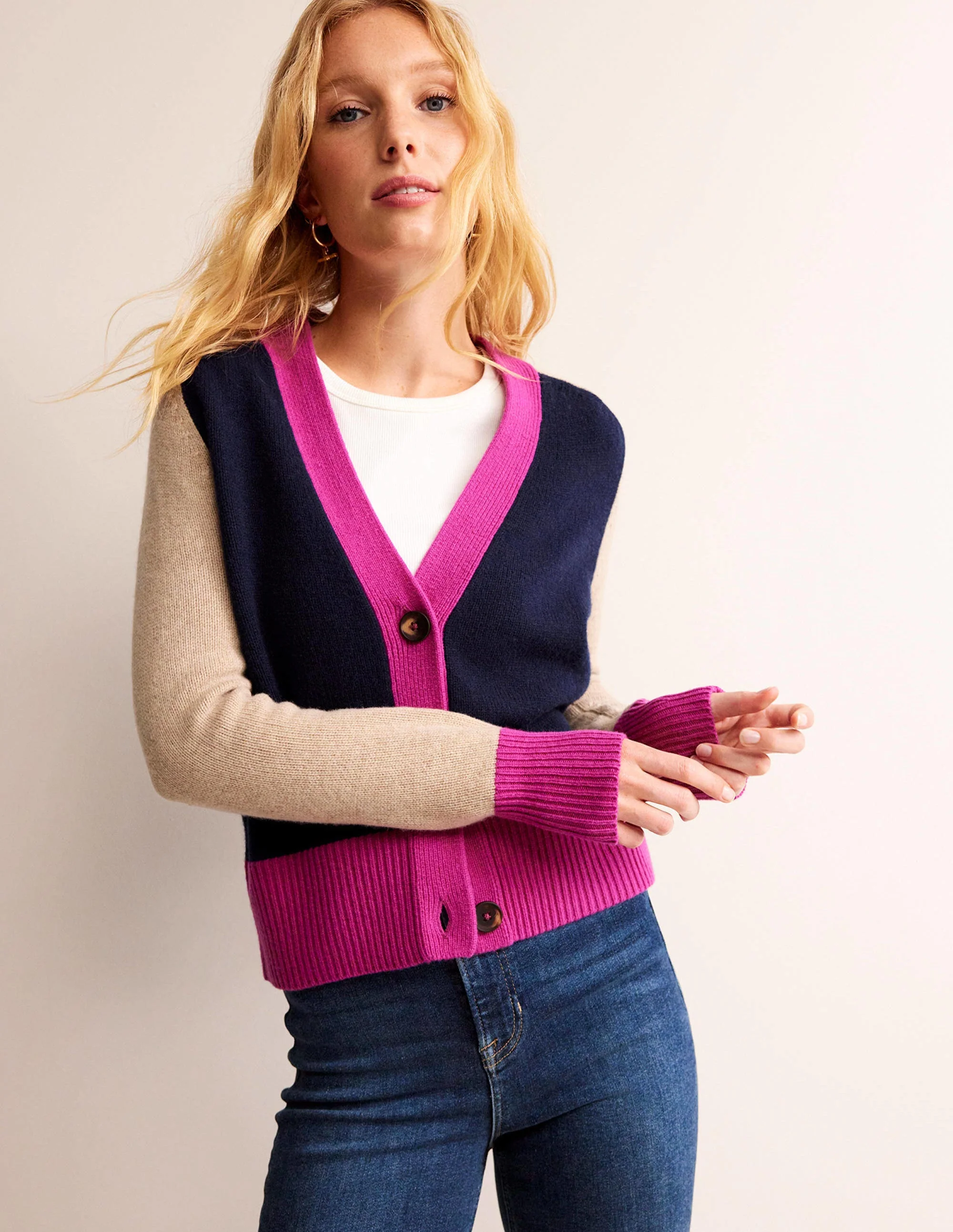 Olivia Merino-Strickjacke-Französisches Marineblau Blockfarben - Image 4